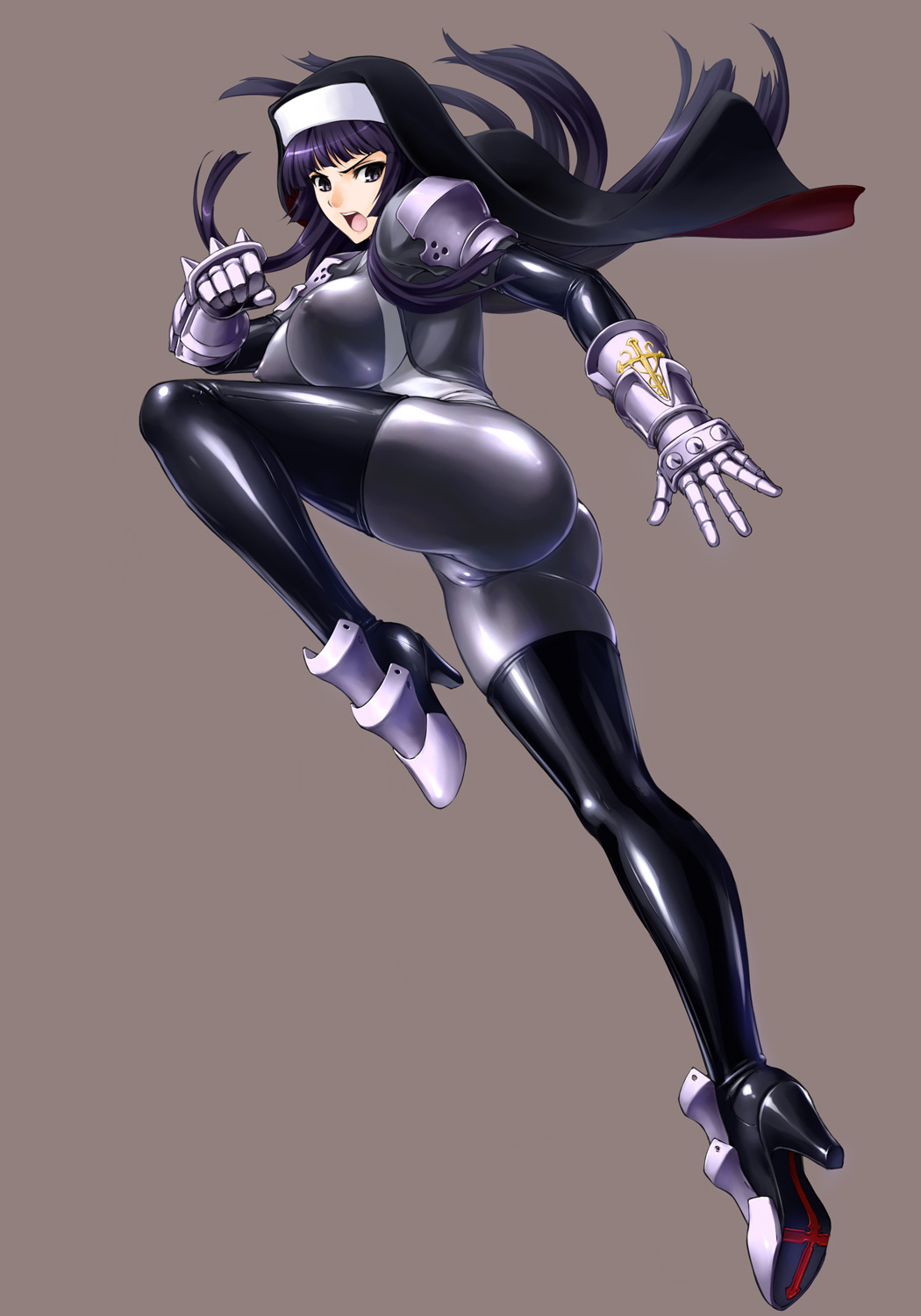 rindou (radical dream), kamori sayaka, original, habit, highres, 1girl, ass, black bodysuit, black eyes, black hair, bodysuit, boots, breasts, cameltoe, covered erect nipples, female focus, full body, high heels, large breasts, latex, latex suit, leg up, legs, long legs, nipples, nun, shoes, skin tight, solo, thigh boots, thighhighs, thighs