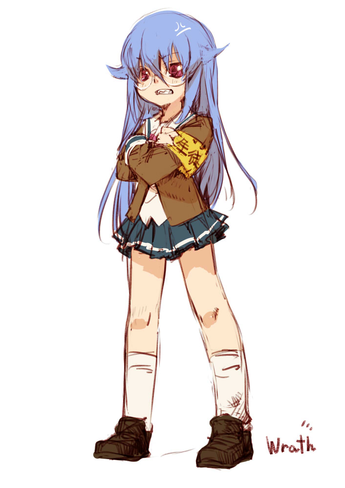 branch (blackrabbits), wrath (deadly sins), bad id, bad pixiv id, 1girl, angry, armband, blue hair, female focus, glasses, long hair, personification, red eyes, school uniform, serafuku, seven deadly sins, skirt, solo