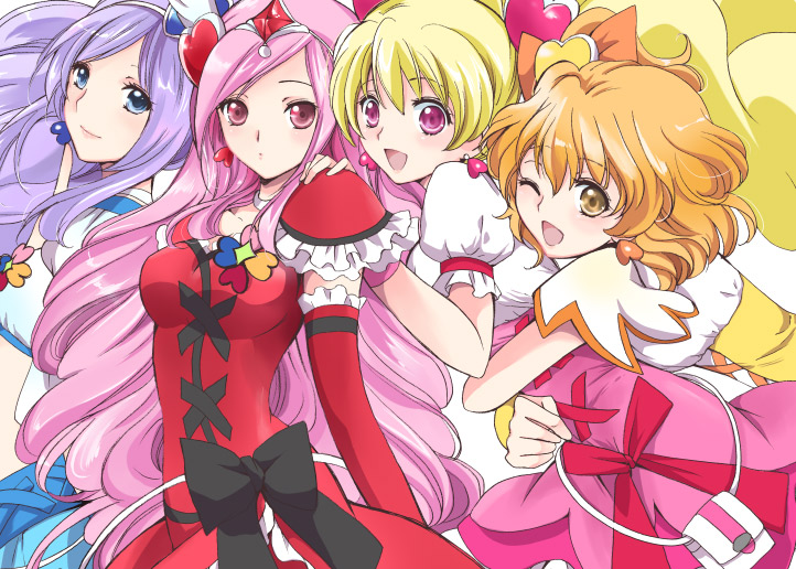 akina tsukako, aono miki, cure berry, cure passion, cure peach, cure pine, higashi setsuna, momozono love, yamabuki inori, fresh precure!, precure, 00s, 4girls, blonde hair, blue eyes, blue hair, bow, choker, hair ornament, heart, heart hair ornament, magical girl, multiple girls, orange hair, pink bow, pink eyes, pink hair, smile, waist bow, white choker, yellow eyes