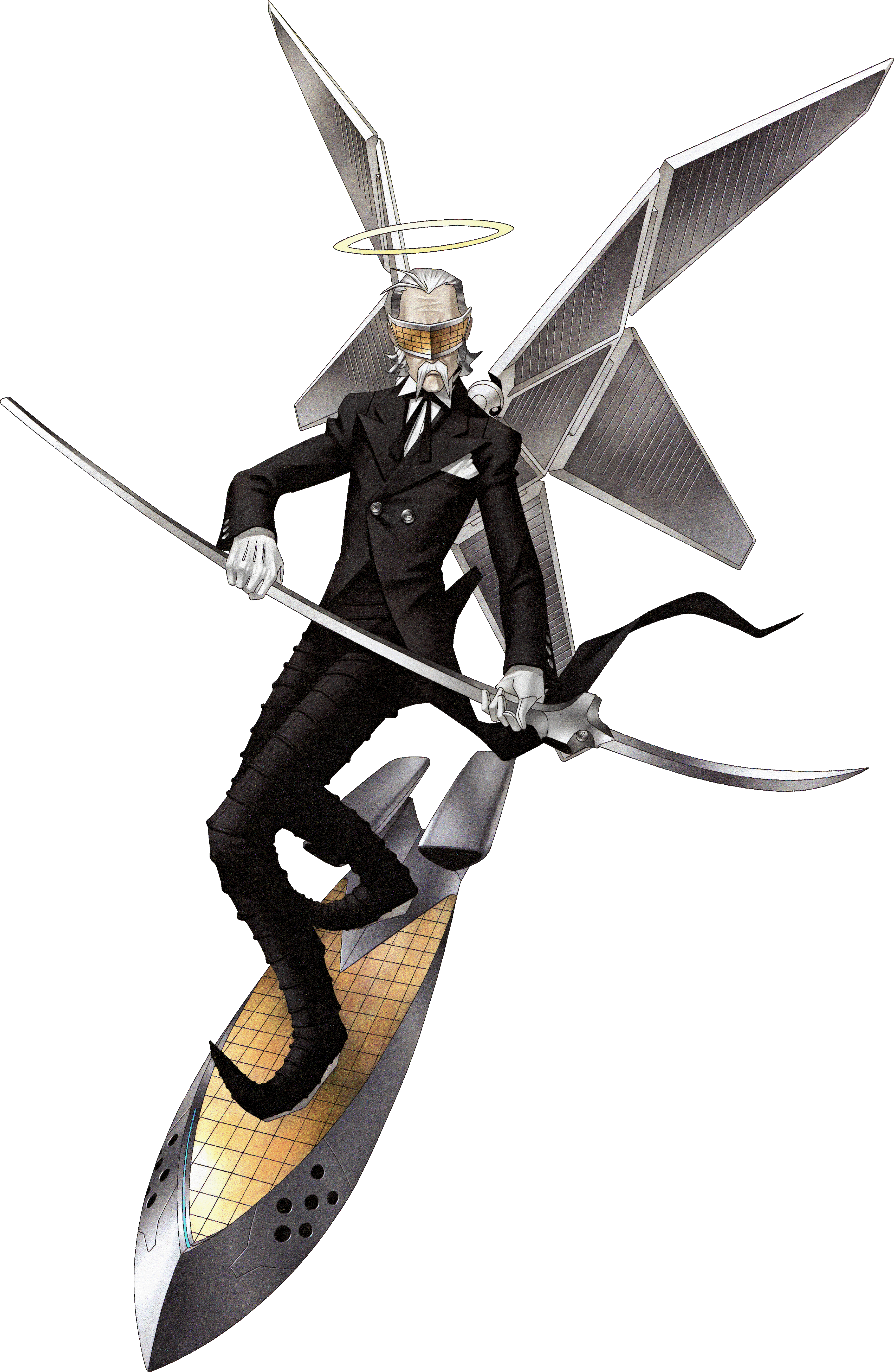 kazuma kaneko, yamaoka (persona), persona, persona 1, persona 2, persona 2 batsu, absurdres, highres, official art, third-party source, 1boy, aircraft, butler, coattails, facial hair, formal clothes, gloves, halo, holding, holding weapon, hoverboard, male focus, mechanical wings, mustache, naginata, old, old man, persona (summon), pointy shoes, polearm, shoes, solo, suit, tailcoat, transparent background, weapon, wings
