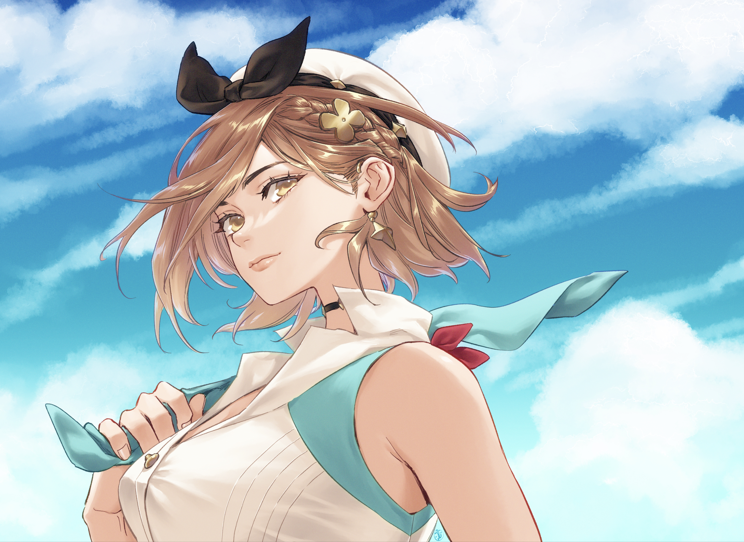 irene koh, reisalin stout, atelier (series), atelier ryza, commentary request, highres, 1girl, ascot, beret, black ribbon, blue ascot, blue shirt, blue sky, braid, breasts, brown eyes, brown hair, choker, cloud, cloudy sky, clover, clover hair ornament, collared shirt, crown braid, day, earrings, hair ornament, hat, holding, holding ascot, jewelry, large breasts, multicolored shirt, ribbon, shirt, short hair, sky, sleeveless, sleeveless shirt, solo, white hat, white shirt