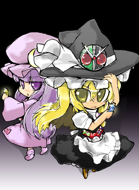 hashimoto, kamen rider double, kirisame marisa, patchouli knowledge, kamen rider, kamen rider w, touhou, 2girls, belt, blonde hair, chibi, female focus, gaia memory, gradient background, hat, long hair, multiple girls, parody, purple eyes, purple hair, yellow eyes