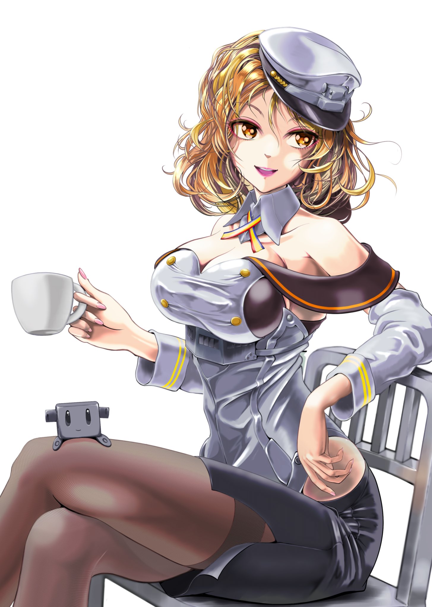 agano class no3, houston (kancolle), kantai collection, tight top, commentary request, highres, 1girl, blonde hair, blush, breasts, brown eyes, chair, cleavage, corset, cup, garrison cap, hat, headgear, large breasts, long hair, long sleeves, looking at viewer, military, military uniform, naval uniform, open mouth, pantyhose, peaked cap, pencil skirt, range finder, rudder footwear, shin guards, sitting, skirt, smile, solo, teacup, yellow eyes