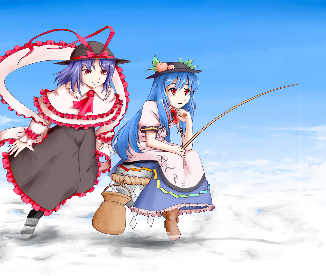 kirisaki (gin16k), kirisaki akihito, hinanawi tenshi, nagae iku, touhou, bad id, bad pixiv id, 2girls, blue hair, cloud, female focus, fishing, fishing rod, food, fruit, hat, holding, holding fishing rod, kaname-ishi, long hair, multiple girls, peach, purple hair, red eyes, rock, rope, shawl, shimenawa, short hair