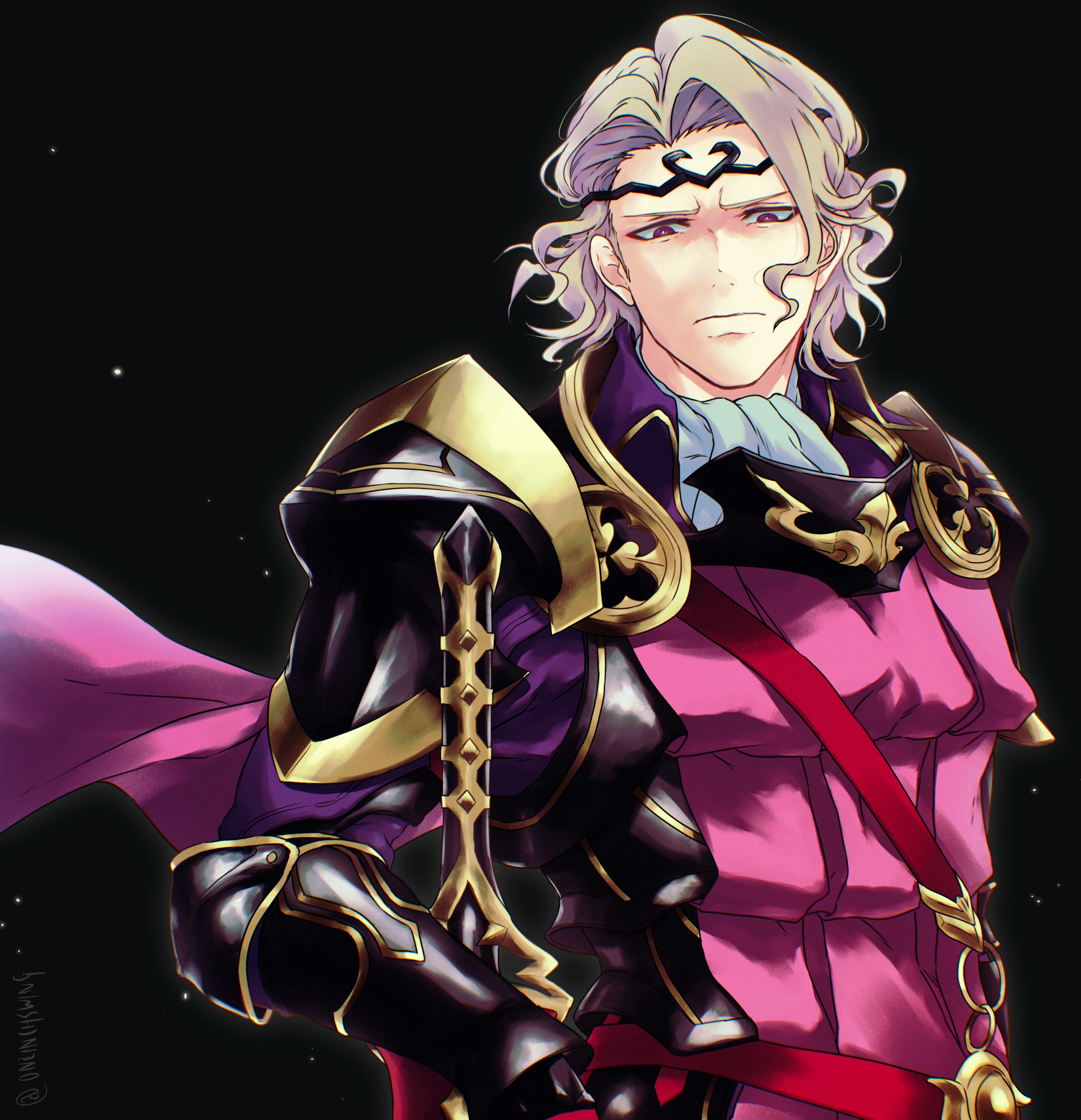 umi (oneinchswing), xander (fire emblem), fire emblem, fire emblem fates, nintendo, commentary, commentary request, english commentary, highres, mixed-language commentary, 1boy, armor, ascot, black background, blonde hair, breastplate, cape, closed mouth, floating cape, frown, gauntlets, looking down, male focus, parted hair, pauldrons, purple cape, purple eyes, shoulder armor, solo, sword, tiara, upper body, wavy hair, weapon, white ascot