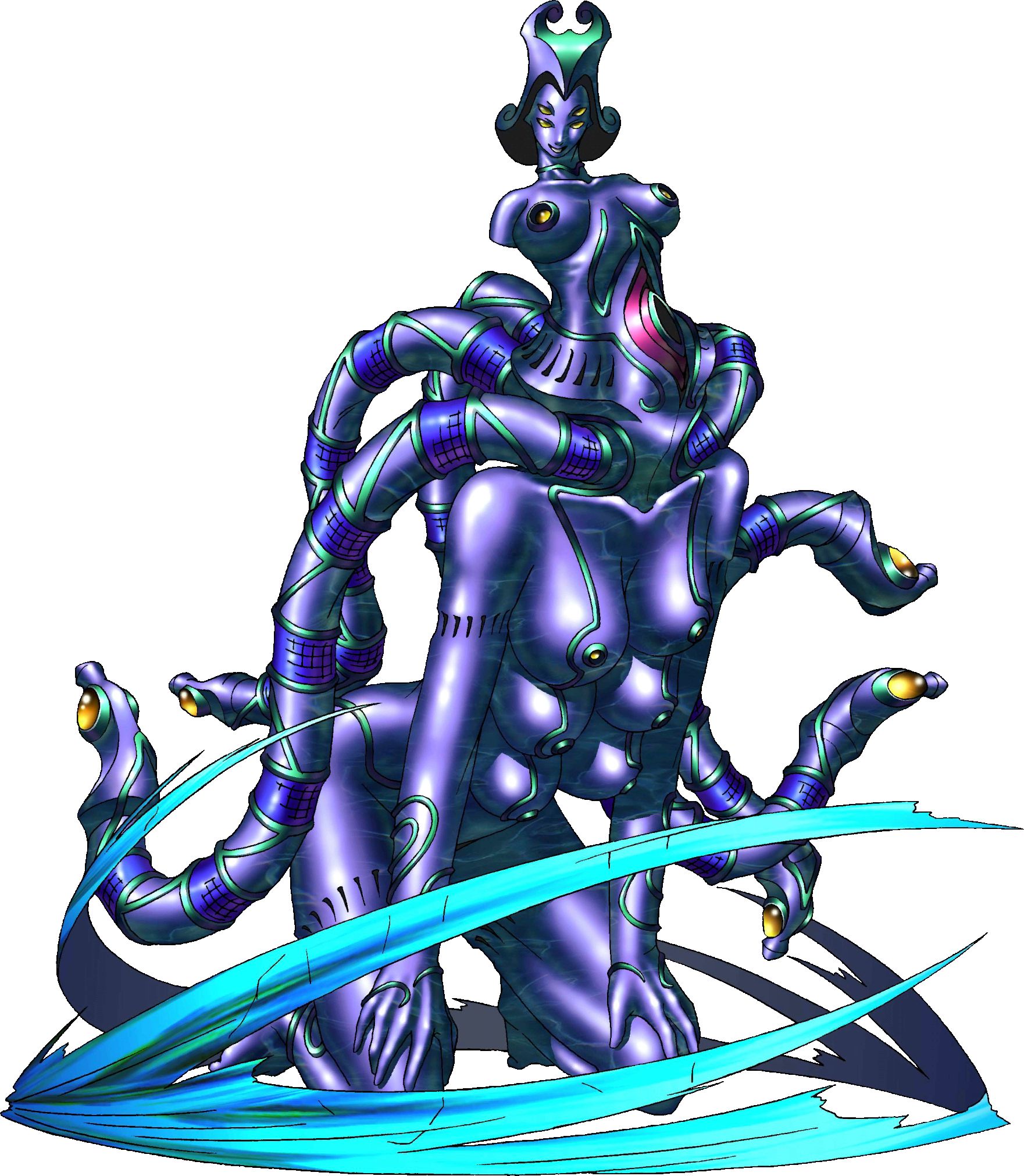 kazuma kaneko, tiamat (megami tensei), devil summoner: soul hackers, devil summoner (series), highres, official art, third-party source, 1girl, amputee, black hair, demon (megami tensei), dragon girl, extra breasts, extra eyes, full body, grin, hands on own knees, kneeling, looking at viewer, nipples, smile, solid eyes, solo, tentacles, transparent background, wind, yellow eyes