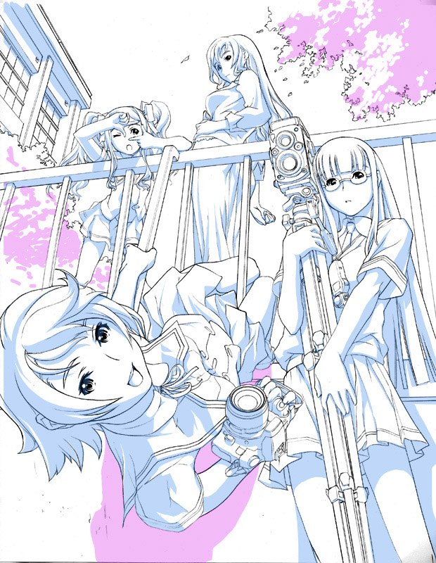 suzuki mei, igarashi misao, miura amane, ninomiya hikaru, yotsuya emi, shutterchance love, 4girls, blue theme, camera, cherry blossoms, fence, finger frame, glasses, holding, long hair, monochrome, multiple girls, one eye closed, open mouth, outdoors, pink theme, school uniform, short hair, smile, tripod, twin-lens reflex camera, twintails, wink