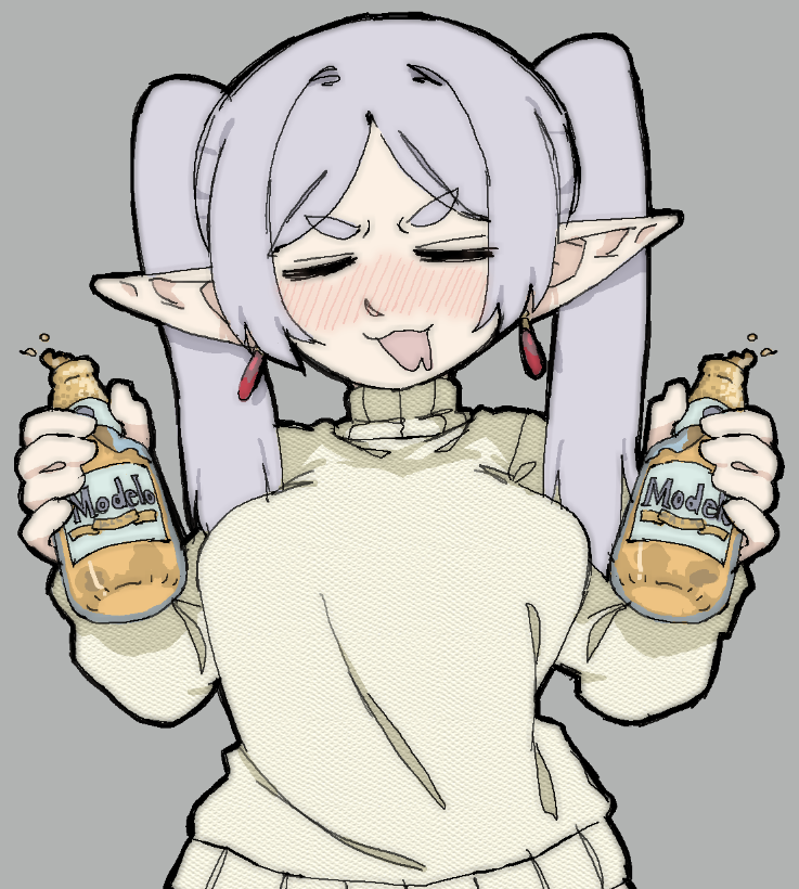 pantsu-ripper, frieren, modelo (beer), sousou no frieren, 1girl, alcohol, alternate breast size (larger), beer, beer bottle, blush, bottle, breasts, closed eyes, contemporary, drooling, drunk, grey hair, holding, holding bottle, large breasts, pointy ears, solo, sweater, thick thighs, thighs, turtleneck, turtleneck sweater, twintails, upper body, v-shaped eyebrows, yellow sweater