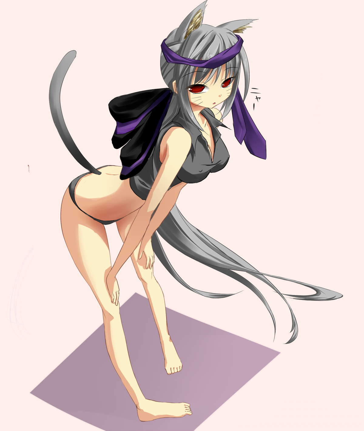 makai no koutaishi, yowane haku, vocaloid, silver hair, highres, 1girl, animal ears, bad anatomy, bad feet, barefoot, black panties, blouse, cat ears, cat tail, feet, female focus, grey shirt, headband, long hair, panties, poorly drawn, red eyes, ribbon, shirt, solo, tail, underwear, very long hair, whiskers