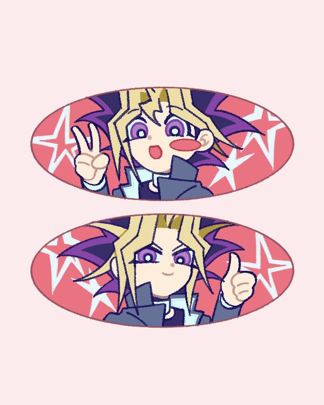 se 3sam, muto yugi, yami yugi, yu-gi-oh!, yu-gi-oh! duel monsters, 2boys, arm up, black shirt, blonde hair, blue jacket, blush stickers, closed mouth, collared jacket, crew neck, jacket, layered sleeves, long sleeves, male focus, multicolored hair, multiple boys, open mouth, popped collar, purple eyes, purple hair, shirt, simple background, smile, spiked hair, star (symbol), thumbs up, v