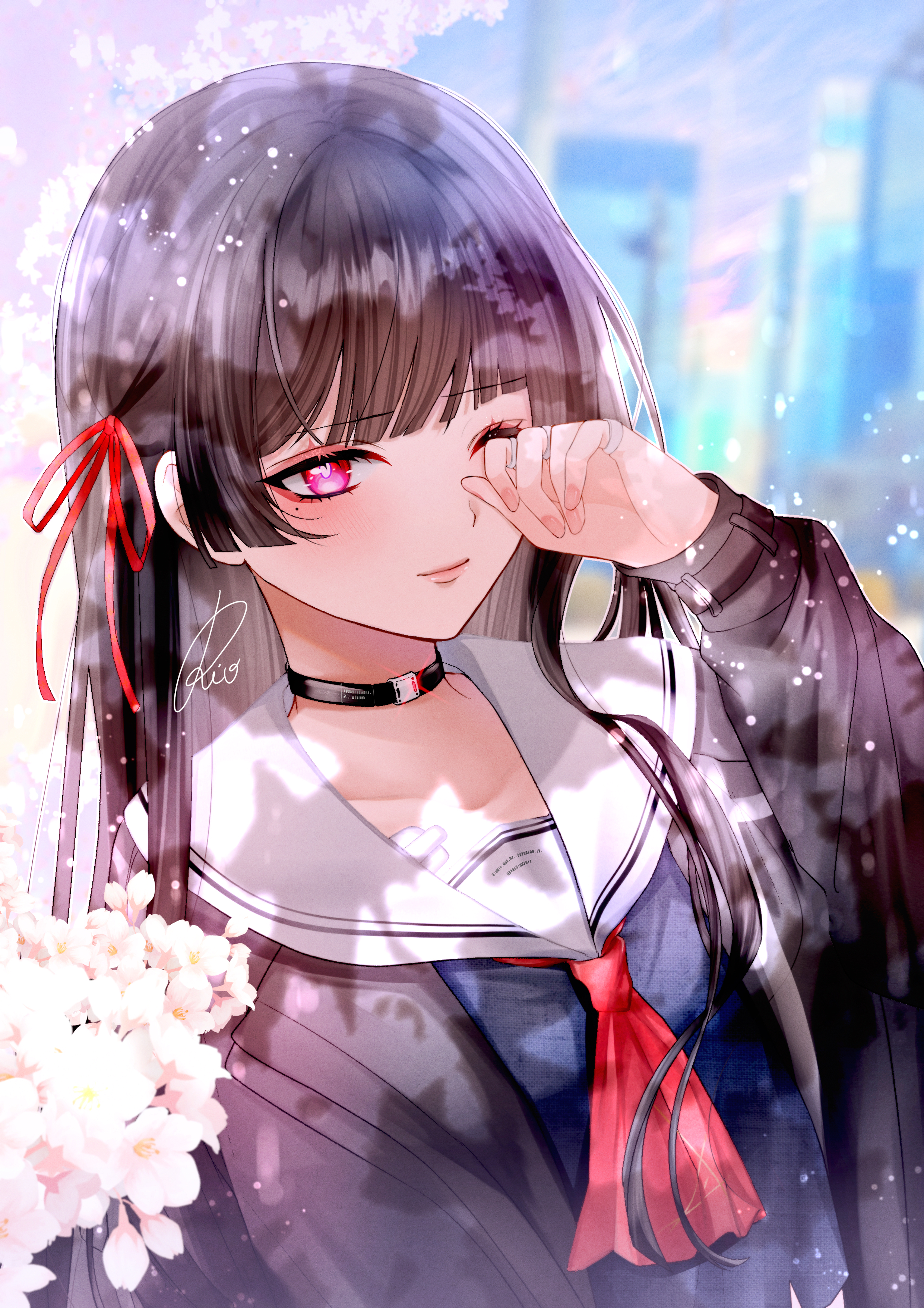 chisa (wuthering waves), wuthering waves, absurdres, commentary request, highres, partial commentary, 1girl, black choker, black hair, black jacket, black shirt, choker, closed mouth, collarbone, hair ribbon, jacket, long hair, looking at viewer, mole, mole under eye, neckerchief, outdoors, pink eyes, red eyes, red neckerchief, red ribbon, ribbon, rio (7383), rubbing eyes, sailor collar, shirt, smile, solo, upper body, white sailor collar