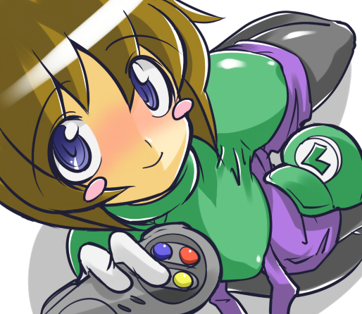 chris (mario), luigi, mario (series), nintendo, super famicom, 1girl, blue eyes, blush, blush stickers, bob cut, breasts, brown hair, controller, costume, female focus, from above, game console, game controller, genderswap, genderswap (mtf), hat, impossible clothes, impossible shirt, large breasts, pantyhose, shirt, short hair, sitting, solo, strap slip