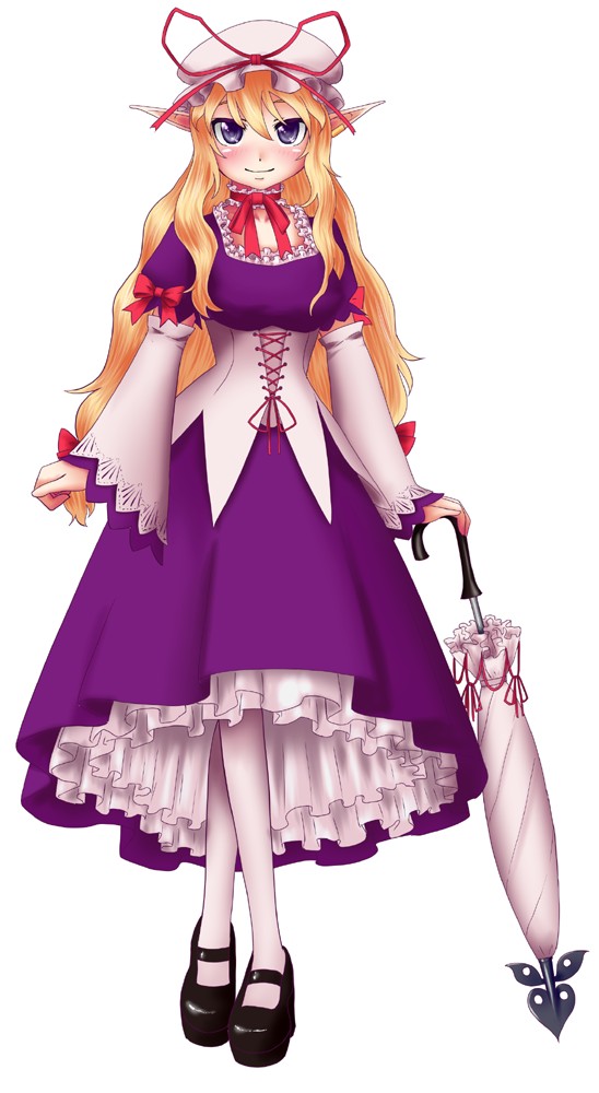 kirisaki (gin16k), kirisaki akihito, yakumo yukari, touhou, bad id, bad pixiv id, 1girl, black shoes, blonde hair, blush, choker, corset, crossed legs, dress, female focus, full body, hat, long hair, mary janes, mob cap, pantyhose, pointy ears, purple eyes, ribbon choker, shoes, simple background, smile, solo, standing, umbrella, watson cross, white pantyhose