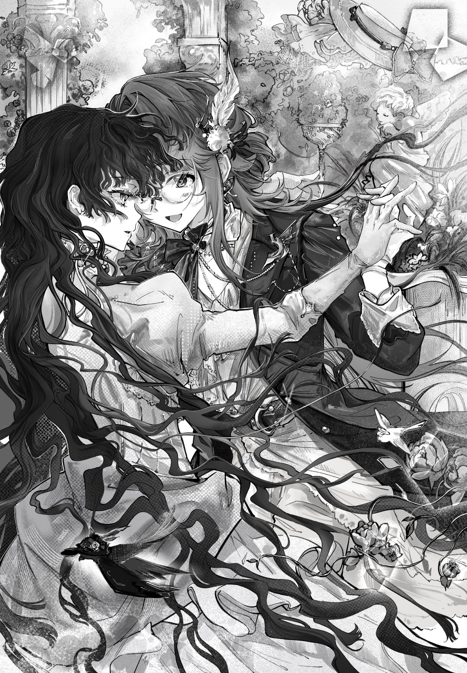 isolde (reverse:1999), kakania (reverse:1999), kakania (seminars on serenity) (reverse:1999), reverse:1999, artist request, commentary request, commission, highres, second-party source, 2girls, :d, bush, coat, dress, eye contact, face-to-face, feather hair ornament, feathers, floating hair, glasses, gloves, gown, greyscale, hair ornament, holding hands, interlocked fingers, juliet sleeves, long hair, long sleeves, looking at another, monochrome, multiple girls, official alternate costume, open mouth, pillar, profile, puffy sleeves, round eyewear, shirt, smile, statue, yuri