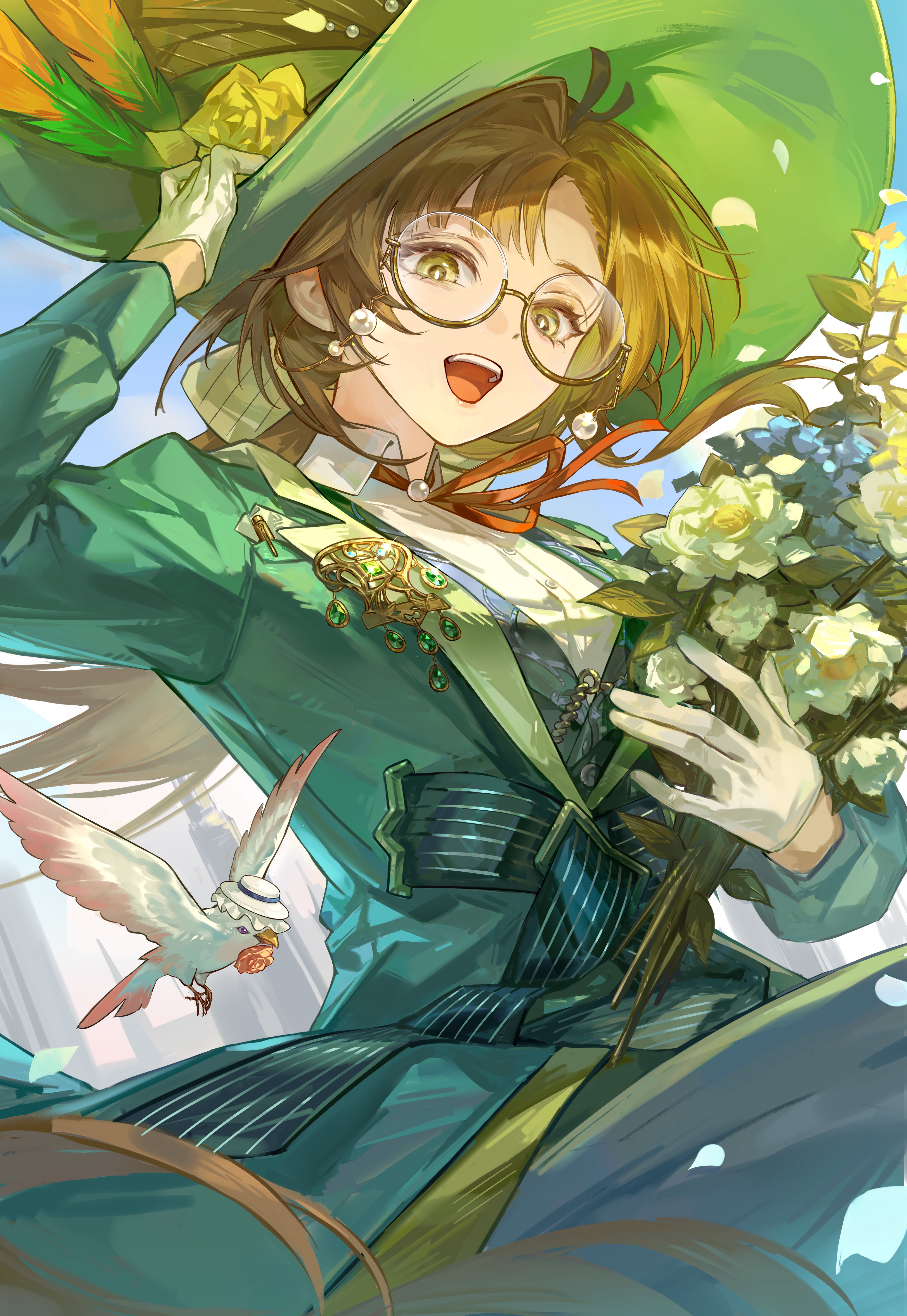 isolde (reverse:1999), kakania (reverse:1999), reverse:1999, absurdres, artist request, chinese commentary, commentary, commentary request, commission, english commentary, highres, mixed-language commentary, second-party source, 1girl, adjusting clothes, adjusting headwear, animalization, asymmetrical bangs, bird, bouquet, brown hair, coat, eyewear strap, flower, glasses, gloves, green coat, green hat, hat, hat feather, holding, holding bouquet, lapels, looking at viewer, neck ribbon, notched lapels, open mouth, person and animalization, red ribbon, ribbon, round eyewear, semi-rimless eyewear, teeth, under-rim eyewear, upper teeth only, white bird, white gloves, wide brim, yellow eyes