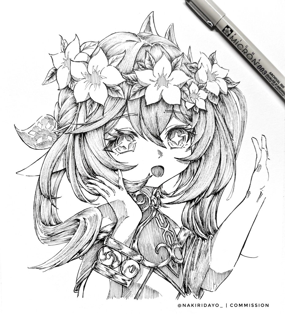 nakiri virus, nahida (genshin impact), genshin impact, commentary, commission, english commentary, flower request, pen (medium), photo (medium), traditional media, 1girl, cropped torso, double-parted bangs, flower, greyscale, hair between eyes, hair flower, hair ornament, hands up, long bangs, long hair, looking at viewer, looking to the side, monochrome, open mouth, shirt, short sleeves, solo, star-shaped pupils, star (symbol), symbol-shaped pupils, twitter username