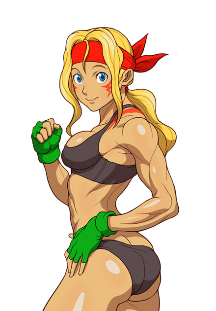 yamamiya hiroshi, alex (street fighter), capcom, street fighter, 1girl, ass, back, black bra, black panties, blonde hair, blue eyes, bra, breasts, female focus, fingerless gloves, genderswap, genderswap (mtf), gloves, headband, large breasts, lingerie, long hair, looking back, muscular, panties, ponytail, solo, standing, tattoo, underwear