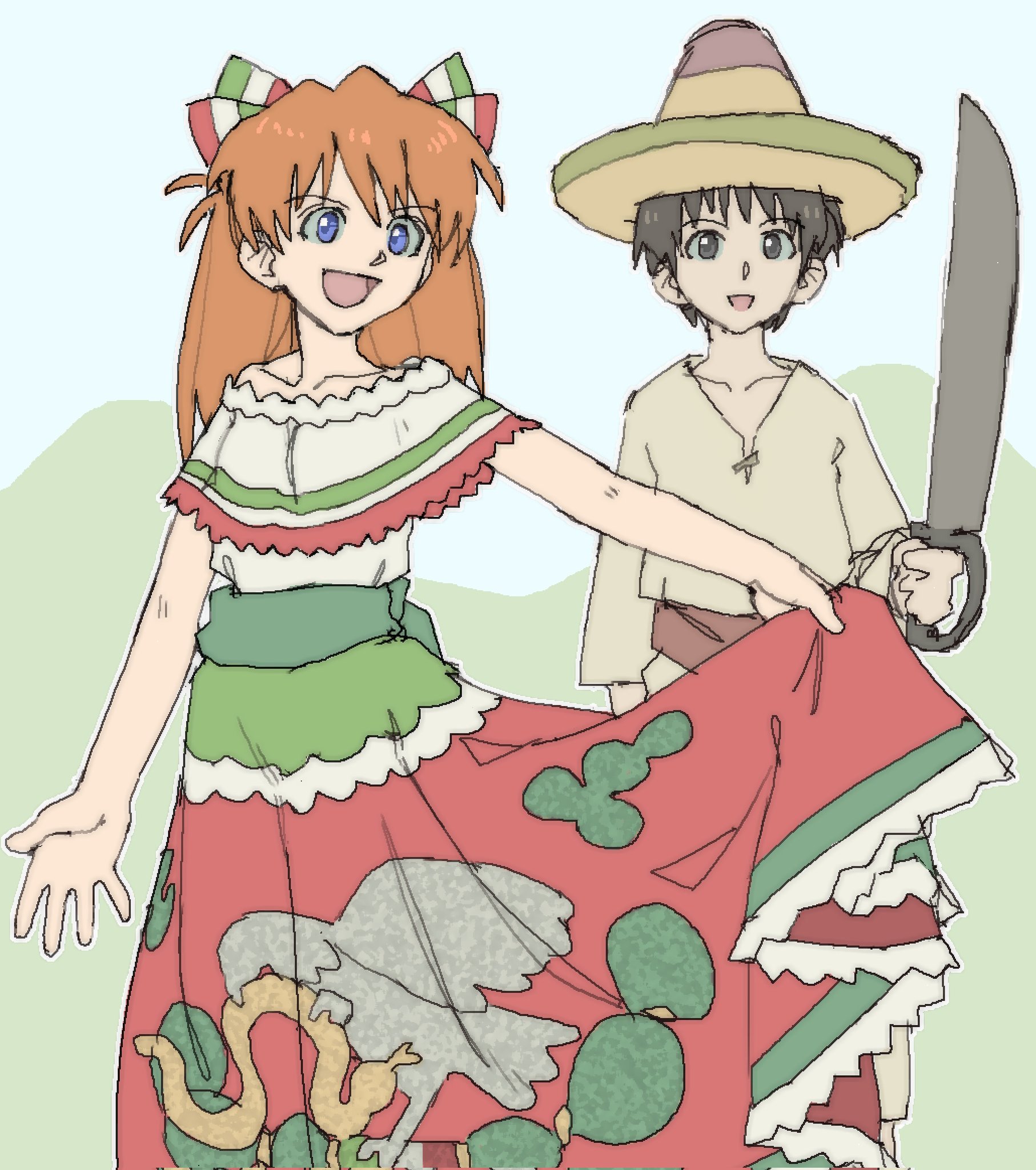 pantsu-ripper, ikari shinji, souryuu asuka langley, neon genesis evangelion, corrupted twitter file, highres, 1boy, 1girl, black eyes, black hair, blue eyes, dress, flag print, hair ribbon, hat, holding, holding machete, long dress, machete, mexican clothes, mexican dress, mexican flag, mexican flag print, off-shoulder dress, off shoulder, orange hair, ribbon, skirt hold, sombrero