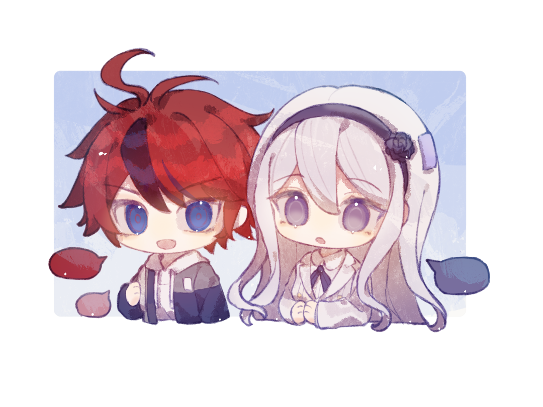 kashimiya karua, sumino takumi, the hundred line -last defense academy-, artist request, second-party source, 1boy, 1girl, ahoge, black flower, black hair, black hairband, black ribbon, black rose, blank speech bubble, blue eyes, blue jacket, chibi, chibi only, collared shirt, cropped torso, double-parted bangs, drawstring, flower, grey jacket, hair between eyes, hairband, hood, hood down, hoodie, jacket, jacket over hoodie, lapels, long hair, long sleeves, multicolored hair, multicolored jacket, neck ribbon, notched lapels, open clothes, open jacket, open mouth, own hands together, purple eyes, red hair, ribbon, rose, shirt, short hair, smile, speech bubble, streaked hair, tareme, tsurime, two-tone hair, two-tone jacket, v-shaped eyebrows, white hair, white hoodie, white jacket, white shirt