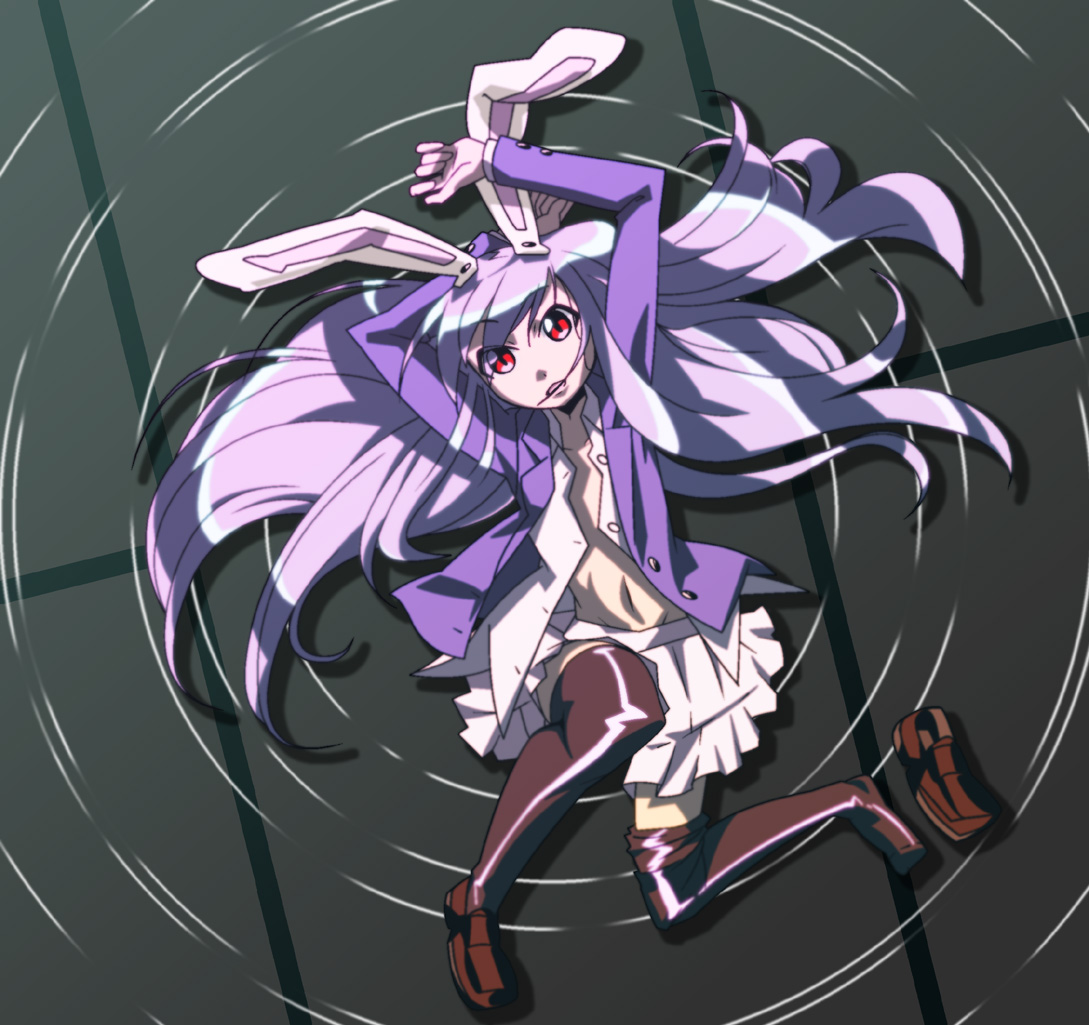 shokkin, reisen udongein inaba, touhou, 1girl, animal ears, blazer, female focus, full body, jacket, long hair, open clothes, open shirt, purple hair, rabbit ears, red eyes, shirt, shoes, single shoe, skirt, solo, thighhighs