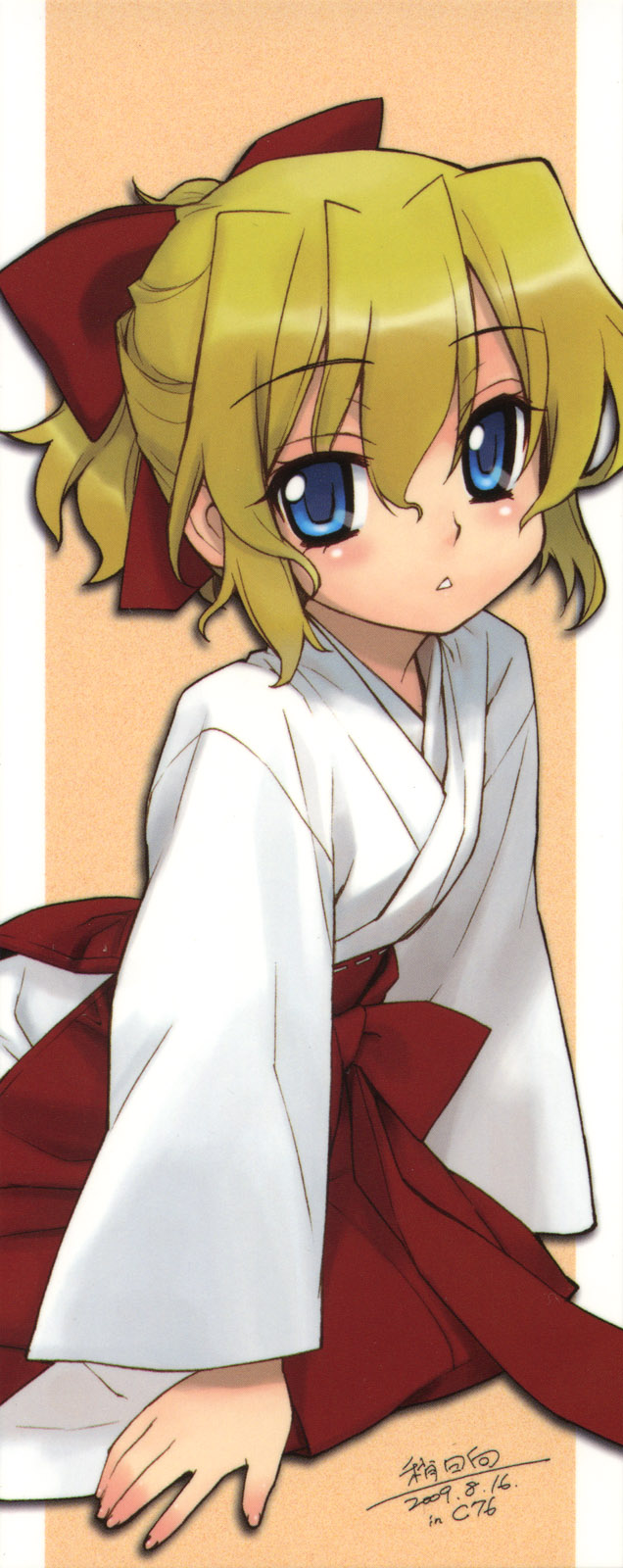 yaya hinata, highres, :<, blonde hair, blue eyes, bow, hair bow, japanese clothes, miko, ponytail, solo