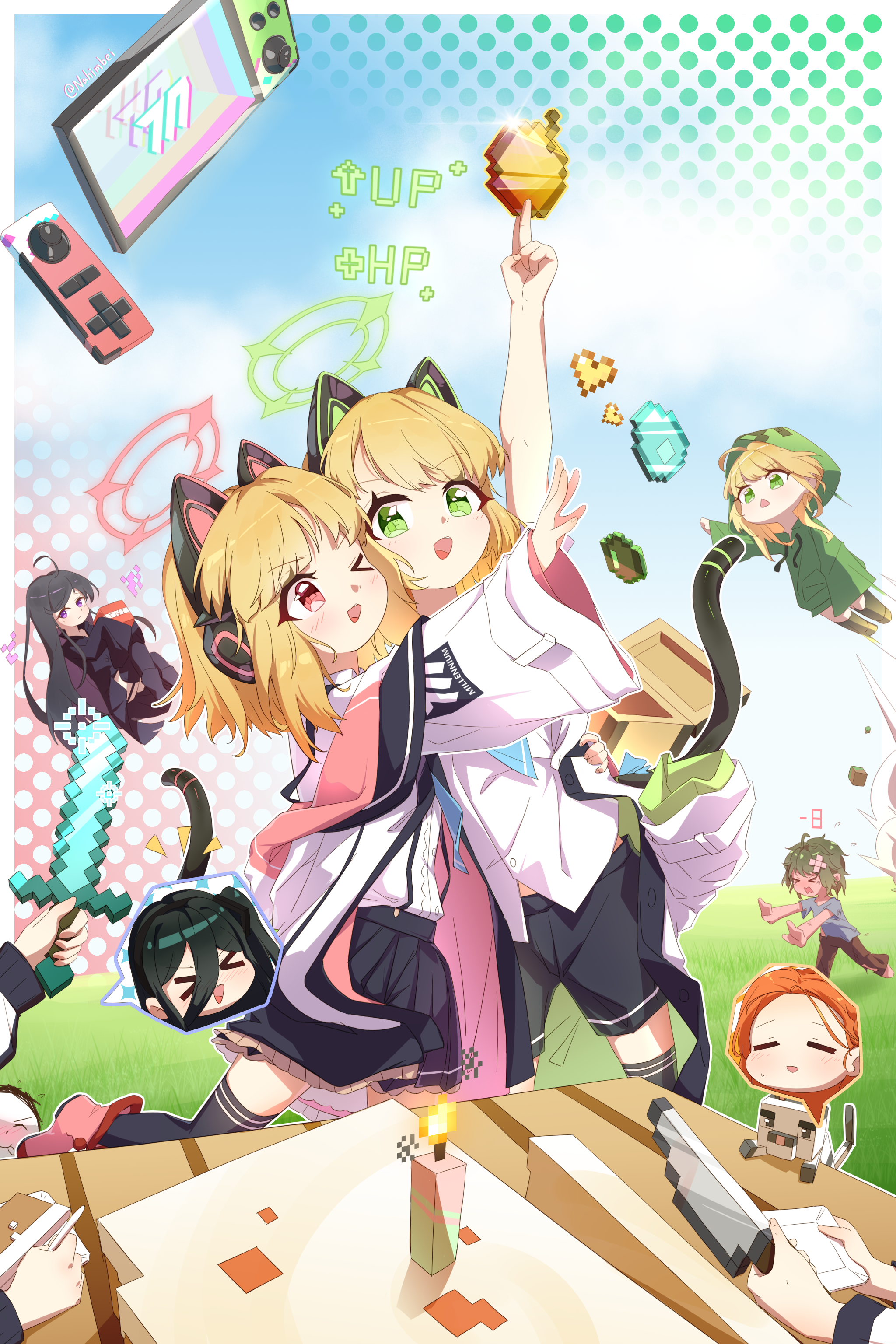 nahimbei, aris (blue archive), creeper, doodle sensei (blue archive), enderman, midori (blue archive), momoi (blue archive), sensei (blue archive), yuzu (blue archive), zombie (minecraft), blue archive, minecraft, absurdres, chinese commentary, commentary request, highres, > <, > o, 6+girls, :d, ;d, = =, ahoge, animal, animal ear headphones, animal ears, apple, arm up, artist name, bandaid, bandaid on head, black hair, black shorts, black skirt, black tail, black thighhighs, block (minecraft), blonde hair, blue bow, blue necktie, blue shirt, boots, border, bow, brown pants, buttons, cake, cake (minecraft), candle, cat ear headphones, cat ears, cat tail, center frills, cloud, cloudy sky, collared shirt, controller, creeparka, crossed bandaids, crossover, diamond (minecraft), dress shirt, explosive, fake animal ears, fake tail, flying, food, forehead, frilled skirt, frills, fruit, game controller, game development department (blue archive), garter straps, gem, golden apple, grass, grasslands, green eyes, green gemstone, green hair, green halo, green hoodie, green jacket, hair between eyes, halo, hand on another's waist, handheld game console, happy, headphones, heart, holding, holding knife, holding plate, holding sword, holding weapon, hood, hood down, hood up, hooded jacket, hoodie, jacket, knife, long bangs, long hair between eyes, long sleeves, medium hair, midriff peek, millennium science school logo, minecraft chest, minecraft sword, multicolored jacket, multiple girls, necktie, no hair bow, one eye closed, one side up, open clothes, open jacket, open mouth, orange hair, outside border, outstretched arms, pants, parted bangs, personification, pink boots, pink eyes, pink halo, pink jacket, pixel heart, plate, pleated skirt, pointing, pointing up, polka dot, polka dot background, puffy long sleeves, puffy sleeves, purple eyes, running, shirt, shirt tucked in, short sleeves, shorts, siblings, sidelocks, sisters, skirt, sky, smile, suspender skirt, suspenders, sword, t-shirt, tail, tail raised, thighhighs, tnt, tnt block (minecraft), torn clothes, twins, two-sided fabric, two-sided jacket, unbuttoned, untucked shirt, unworn jacket, weapon, white border, white jacket, white shirt, wide sleeves, xd