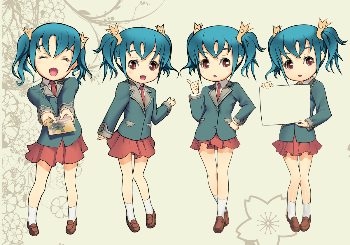 suzuki mei, blue hair, chibi, child, closed eyes, flower, hand on own hip, happy, hip focus, legs, necktie, photo (object), pink eyes, pointing, school uniform, short twintails, skirt, socks, thigh gap, twintails