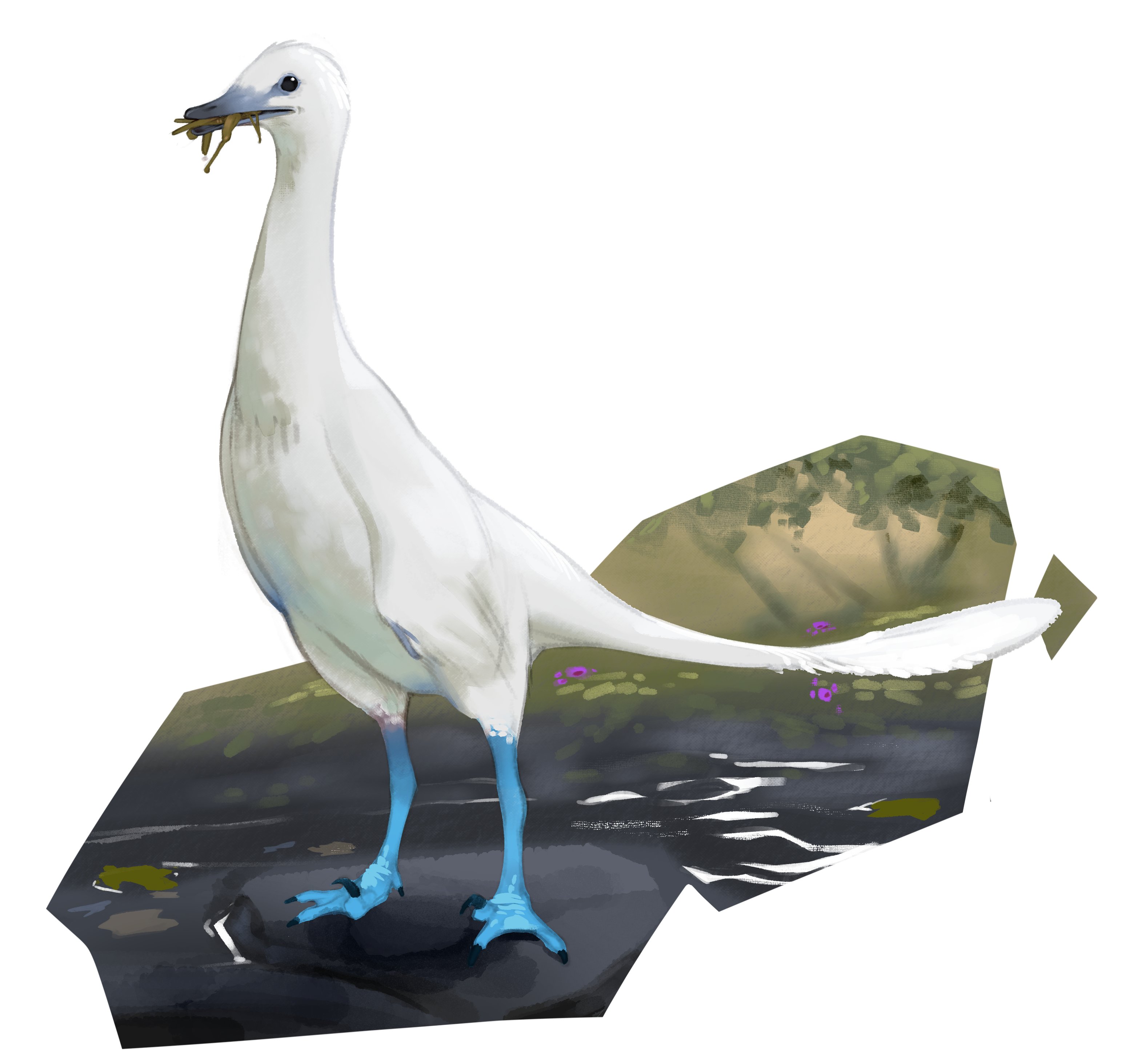 combos & doodles, original, absurdres, highres, animal focus, beak, bird, full body, halszkaraptor, no humans, simple background, solo, tail, water, white background