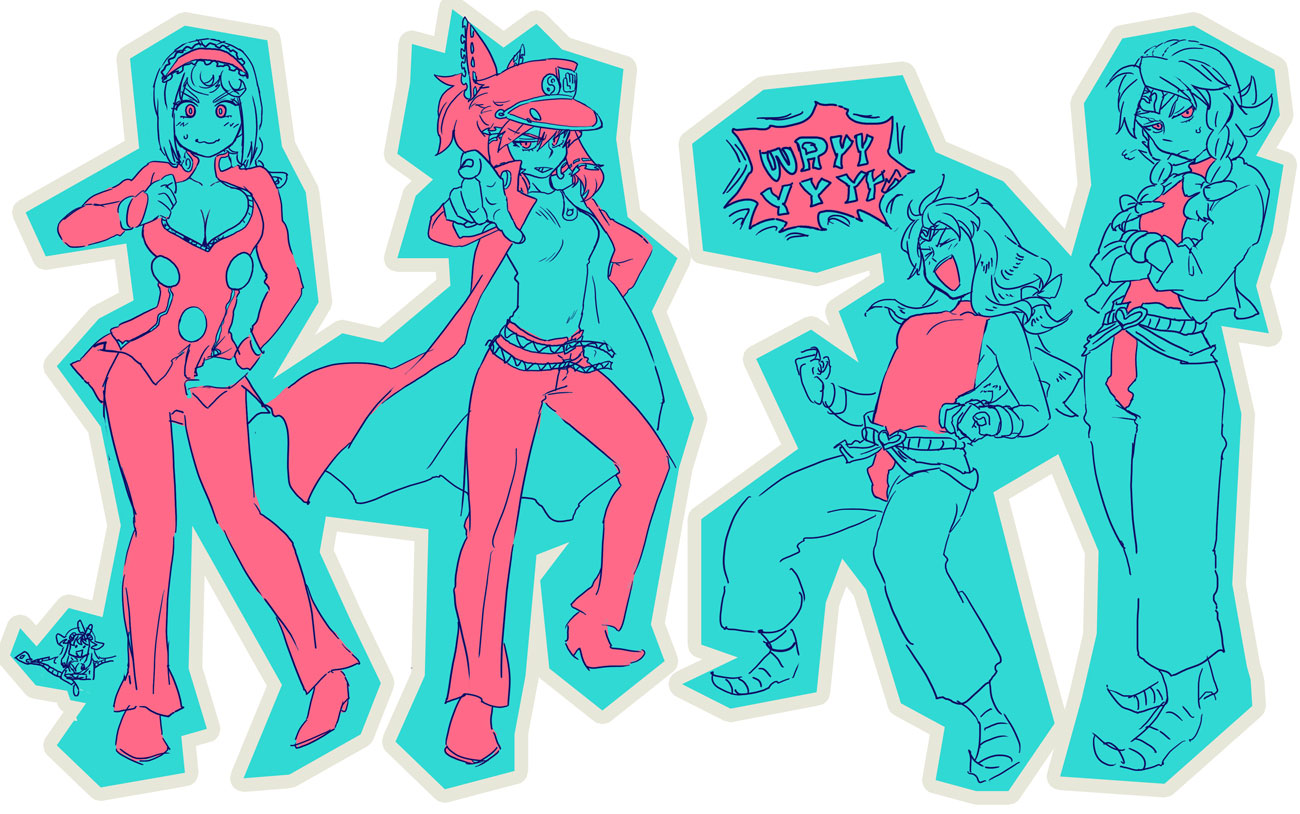 yumiya, alice margatroid, bruno bucciarati, dio brando, giorno giovanna, hakurei reimu, izayoi sakuya, kirisame marisa, kuujou joutarou, yakumo yukari, jojo no kimyou na bouken, touhou, vento aureo, 4girls, breasts, bruno bucciarati (cosplay), cleavage, clenched hands, clone, cosplay, crossed arms, dio brando (cosplay), female focus, giorno giovanna (cosplay), hairband, hat, kuujou joutarou (cosplay), large breasts, medium breasts, multiple girls, outline, pants, power connection, sweatdrop, wavy mouth, wryyyyyyyyyyyyyyyyyyyy