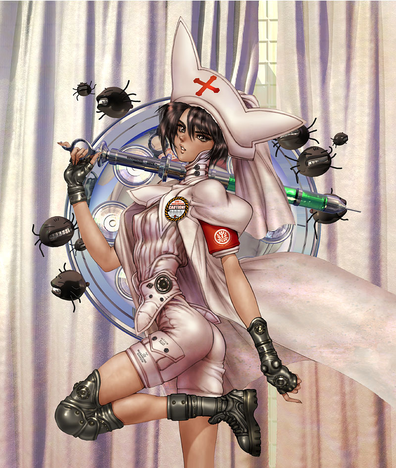 shirou masamune, 1girl, ass, boots, breasts, brown eyes, brown hair, cross, curtains, female focus, knee pads, medium breasts, nurse, solo, syringe, window