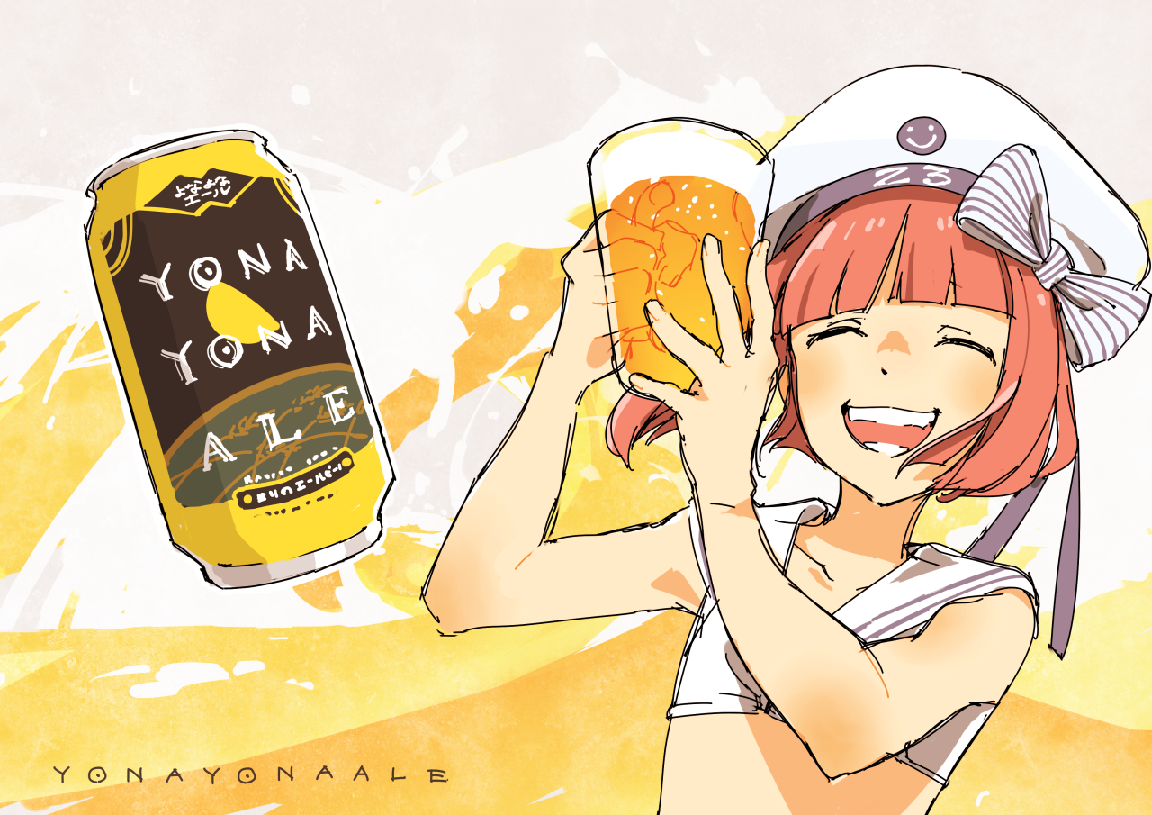 wi st i, z3 max schultz (kancolle), z3 max schultz (swimsuit) (kancolle), kantai collection, commentary request, 1girl, alcohol, beer, beer can, beer mug, bikini, blunt bangs, blush, bow, can, closed eyes, clothes writing, cup, drink can, hat, holding, holding cup, mug, open mouth, sailor bikini, sailor collar, short hair, solo, swimsuit, teeth, upper body, waves, white bikini, white hat, white sailor collar, yona yona ale