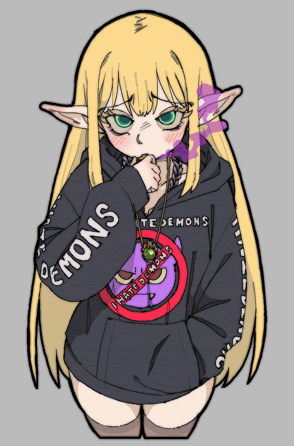 pantsu-ripper, serie (sousou no frieren), sousou no frieren, highres, 1girl, black hoodie, black sweater, blonde hair, blush, brown thighhighs, contemporary, cowboy shot, cropped legs, electronic cigarette, from above, green eyes, hand in pocket, holding, holding electronic cigarette, hood, hooded sweater, hoodie, jewelry, long hair, necklace, out of character, pointy ears, raised inner eyebrows, solo, sweater, thighhighs, vaping, very long hair