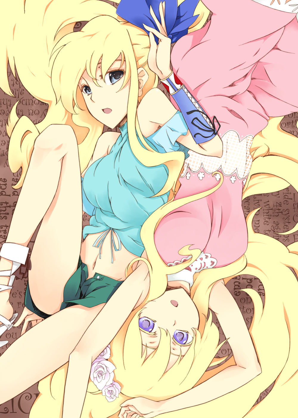 kagato (artist), original, bad id, bad pixiv id, highres, bare shoulders, blonde hair, green eyes, lying, navel, purple eyes