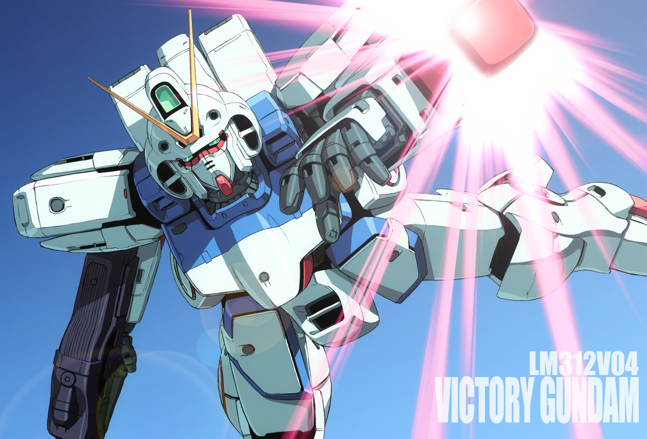 magaki ryouta, v gundam, gundam, victory gundam, bad id, bad pixiv id, 1990s (style), beam rifle, energy gun, gun, mecha, no humans, outdoors, retro artstyle, robot, shield, sky, solo, weapon