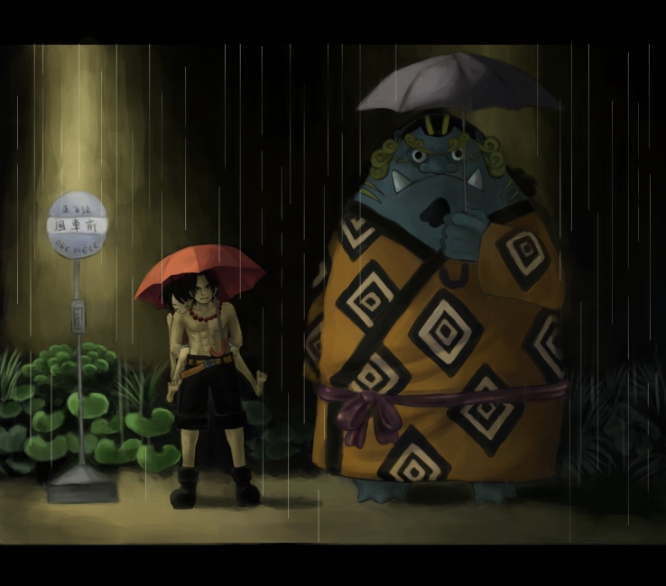 jinbe (one piece), monkey d. luffy, portgas d. ace, one piece, tonari no totoro, artist request, 2boys, black hair, bus stop, multiple boys, parody, rain, totoro bus stop, umbrella