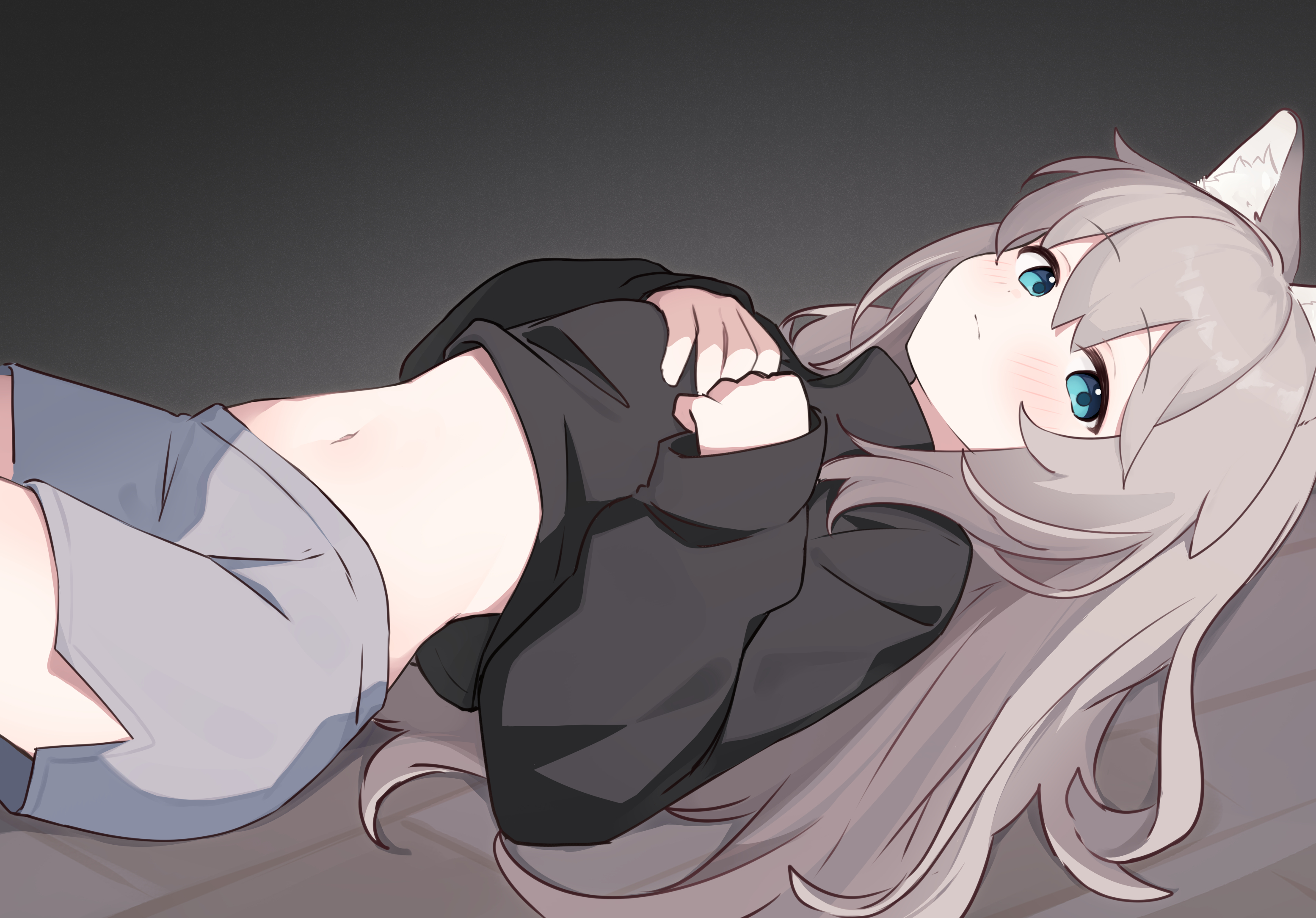 riya (01214), original, commentary request, highres, 1girl, animal ear fluff, animal ears, black shirt, blue eyes, blush, brown hair, closed mouth, clothes lift, grey shorts, hair between eyes, hands up, long hair, long sleeves, looking at viewer, lying, navel, on back, own hands together, puffy long sleeves, puffy sleeves, shirt, shirt lift, shorts, sleeves past wrists, solo, stomach, very long hair