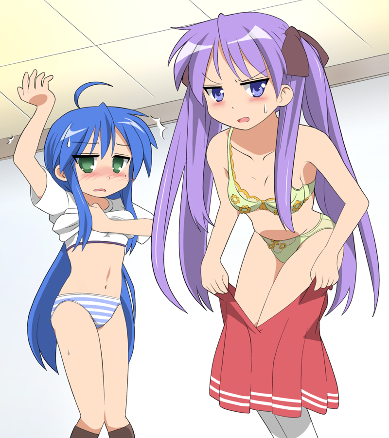 hiraizumi (mugenkidousha), hiiragi kagami, izumi konata, lucky star, 00s, 2girls, ahoge, blue eyes, blue hair, blush, bra, green eyes, lingerie, long hair, mole, mole under eye, multiple girls, panties, purple hair, school uniform, sports bra, striped clothes, striped panties, surprised, underwear, underwear only, undressing