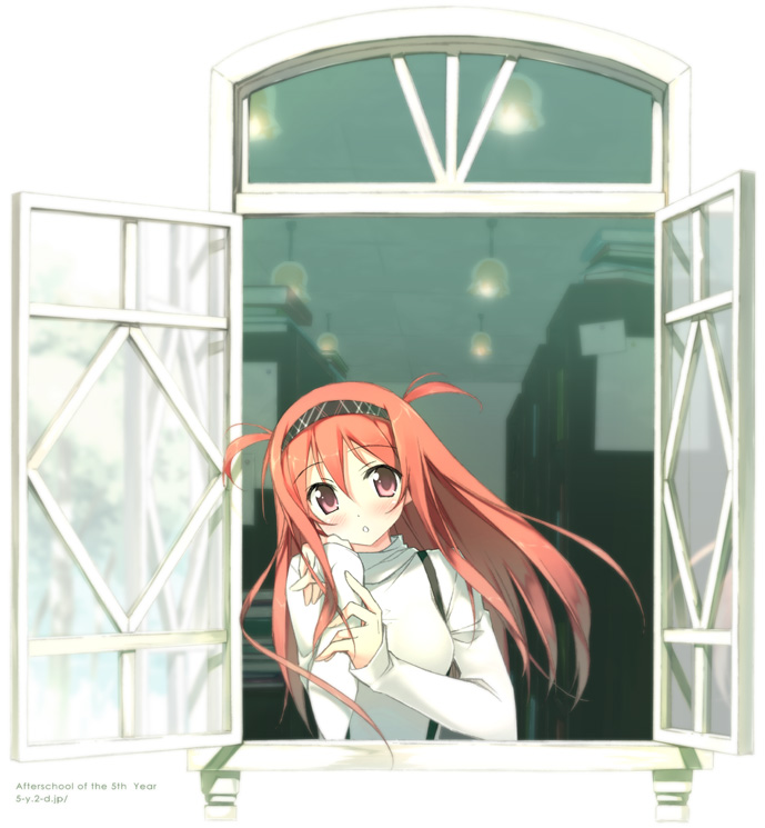 kantoku, kurumi (kantoku), original, 1girl, :o, blush, circle name, female focus, hairband, head rest, long hair, looking at viewer, looking outside, open window, red eyes, red hair, solo, two side up, watermark, web address, window