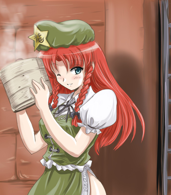 flx, hong meiling, embodiment of scarlet devil, touhou, 1girl, blue eyes, braid, china dress, chinese clothes, dress, female focus, hair ribbon, hat, long hair, red hair, ribbon, smile, solo, twin braids, wink