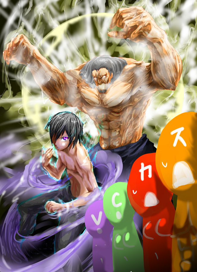 drawfag, c.c., charles zi britannia, kouzuki kallen, kururugi suzaku, lelouch vi britannia, v.v., code geass, hokuto no ken, non-web source, source request, translated, 2boys, 4boys, abs, aura, beard, black hair, breasts, crazy eyes, drill hair, epic, facial hair, fingernails, geass, glowing, glowing eyes, grey hair, male focus, manly, multiple boys, muscular, pants, parody, purple eyes, short hair, topless male, wig