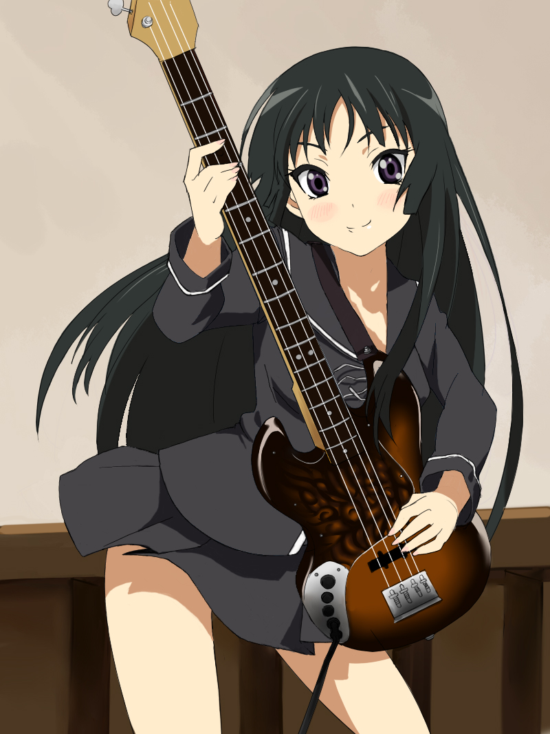 kyabakurabakufu, akiyama mio, isayama yomi, ga-rei, ga-rei zero, k-on!, 1girl, bass guitar, black hair, blunt bangs, blush, cosplay, crossover, female focus, hime cut, instrument, long hair, look-alike, purple eyes, school uniform, serafuku, skirt, solo