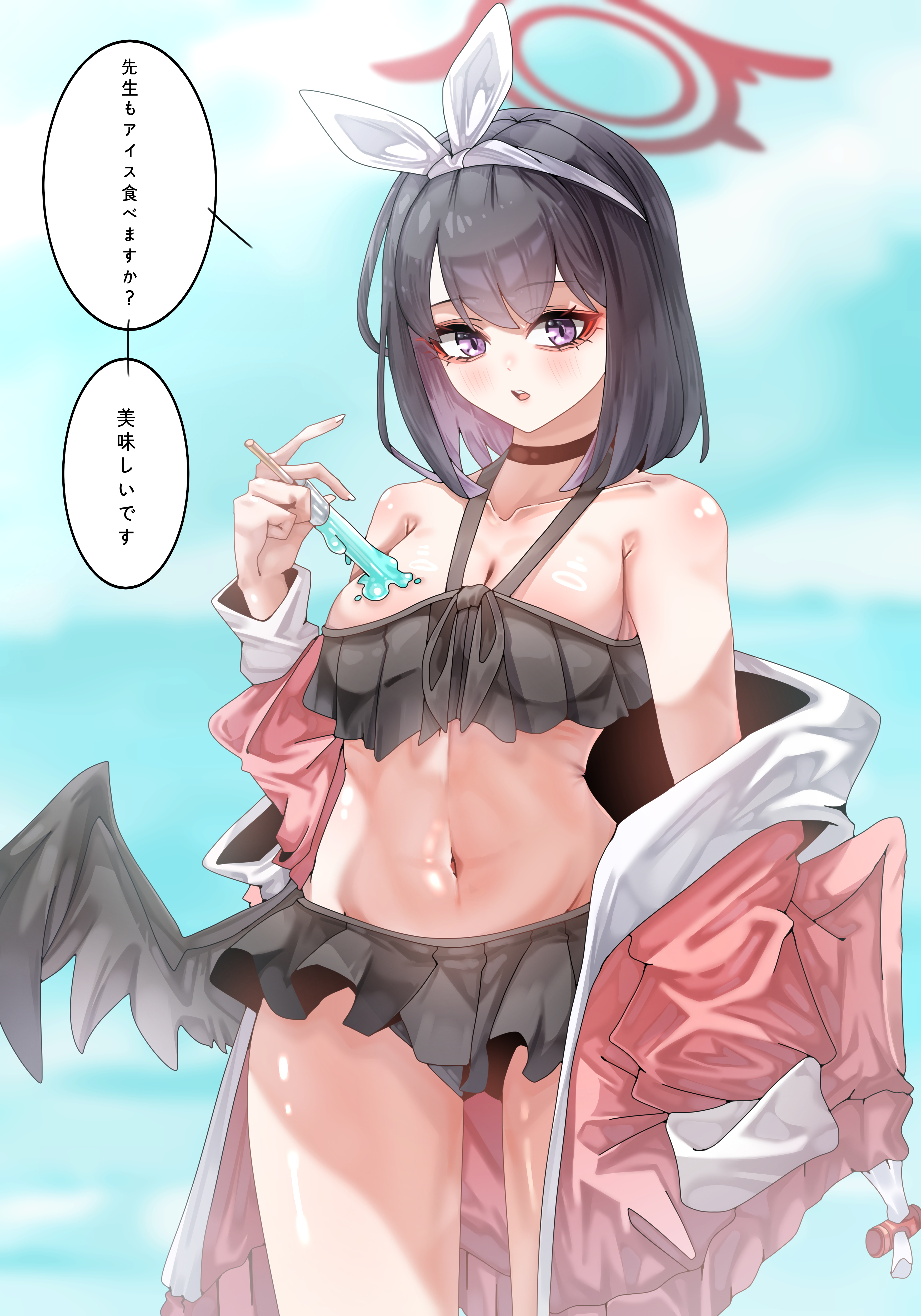 ekf voddl, mashiro (blue archive), blue archive, absurdres, commentary request, highres, 1girl, bare shoulders, bikini, black bikini, black hair, blue sky, breasts, choker, cloud, food, food on body, food on breasts, frilled bikini, frills, hair ornament, halo, ice cream, jacket, light blush, looking at viewer, low wings, midriff, navel, open mouth, purple eyes, red halo, sky, speech bubble, swimsuit, thighs, wings
