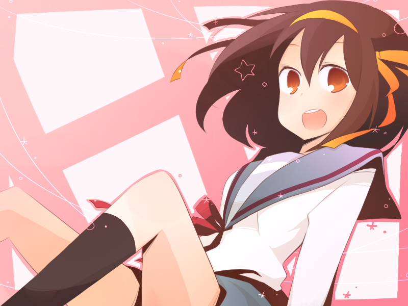 kinokosuke, suzumiya haruhi, suzumiya haruhi no yuuutsu, bad id, bad pixiv id, 00s, brown eyes, brown hair, hairband, school uniform, serafuku, short hair, solo