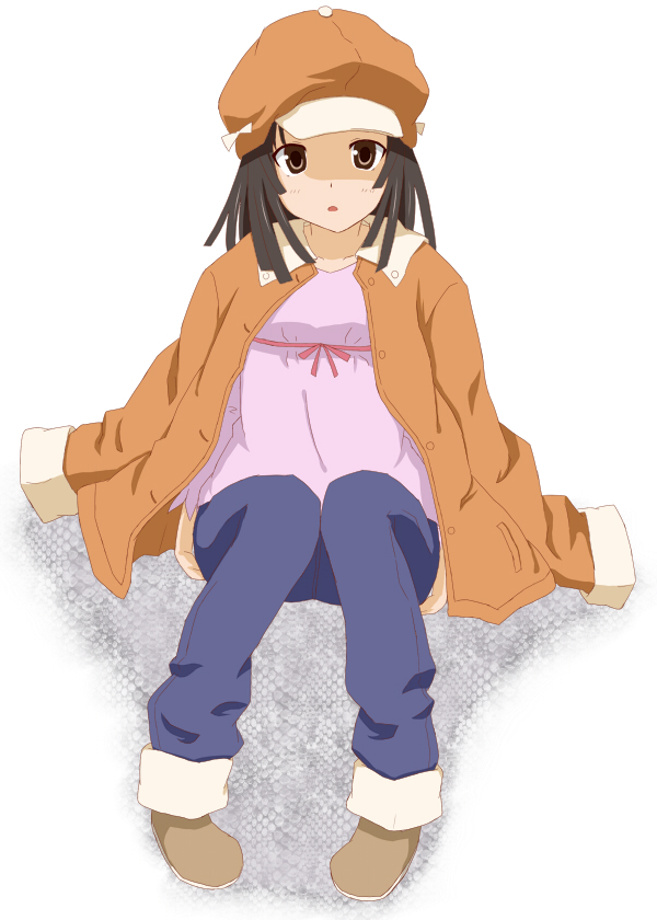 goro (reiremi), sengoku nadeko, bakemonogatari, monogatari (series), bad id, bad pixiv id, 00s, brown eyes, brown hair, denim, hat, jacket, jacket on shoulders, jeans, newsboy cap, pants, shoes, short hair, solo