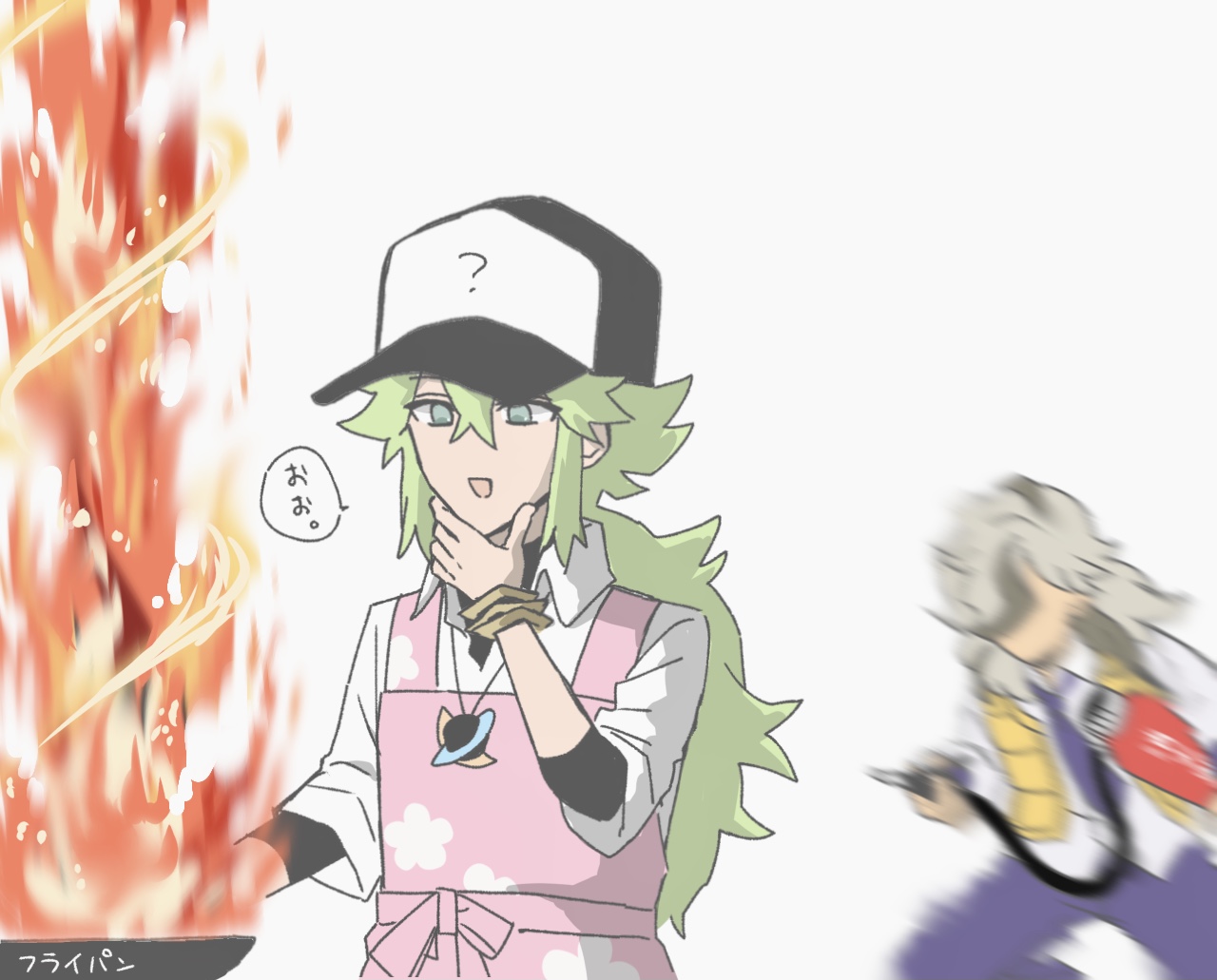 arven (pokemon), n (pokemon), nintendo, pokemon, pokemon bw, pokemon masters ex, pokemon sv, commentary request, 2boys, ?, apron, fire, fire extinguisher, frying pan, green hair, hand on own chin, male focus, motion blur, multiple boys, pink apron, sachi (wrrs5274), school uniform, simple background, uva academy school uniform, white background