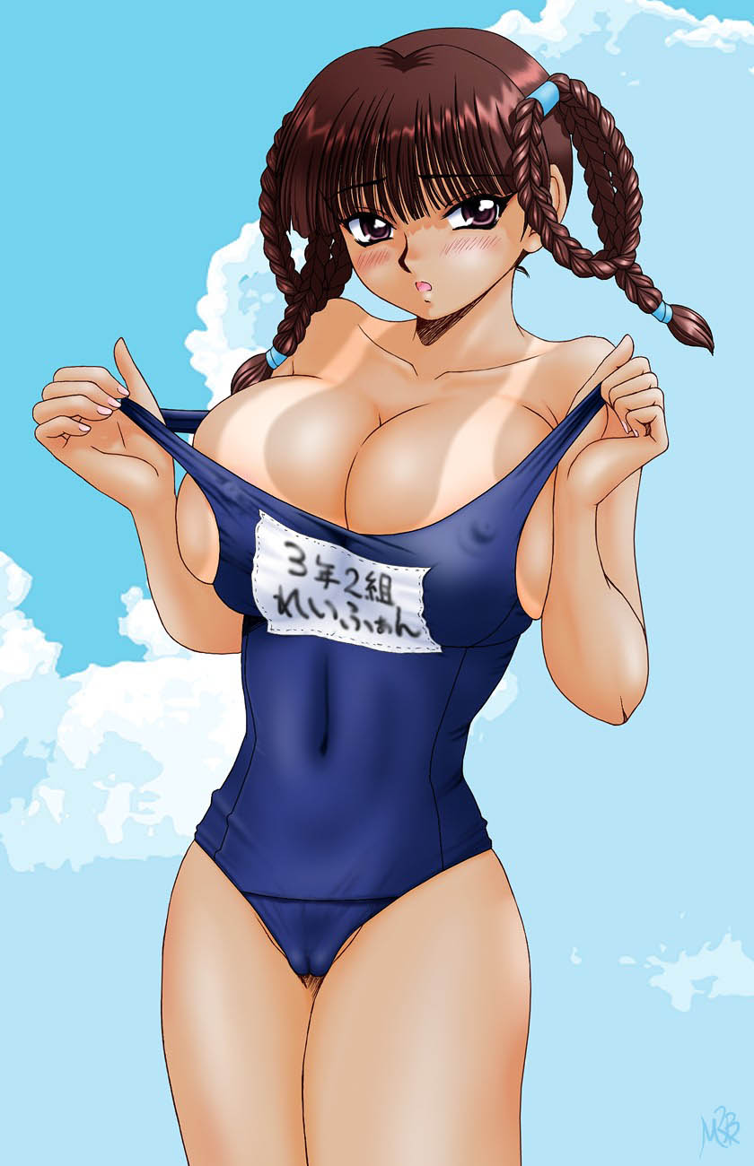 lei fang, dead or alive, tecmo, highres, source request, tagme, 1girl, blush, breasts, cleavage, one-piece swimsuit, school swimsuit, swimsuit, tan, tanline