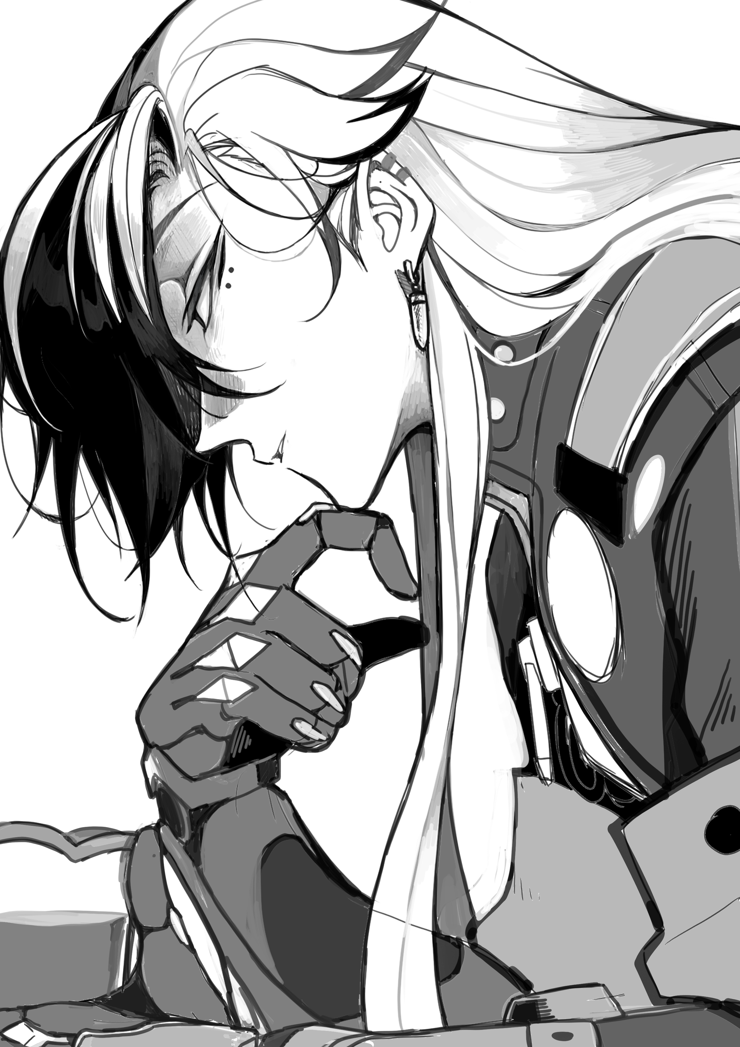 boothill (honkai: star rail), honkai: star rail, honkai (series), absurdres, highres, 1boy, arm up, cyborg, earrings, from side, greyscale, hair over one eye, jewelry, long hair, male focus, mole, mole under eye, monochrome, mrsw0911, multicolored hair, multiple moles, parted lips, piercing, shell casing, simple background, sketch, solo, two-tone hair, very long hair, white background