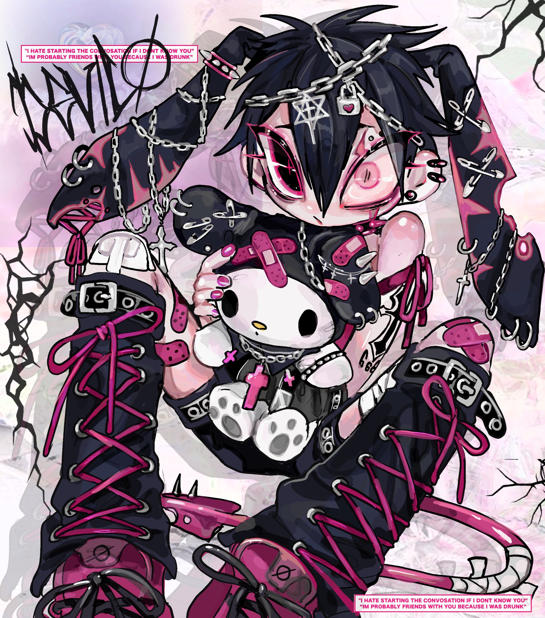 amatou akuma, original, highres, photoshop (medium), 1boy, :/, animal ears, arm warmers, artist name, bandaged leg, bandaged tail, bandages, bandaid, bandaid on knee, bandaid on leg, bare shoulders, belt, black arm warmers, black belt, black ears, black eyes, black hair, black leg warmers, black shorts, boots, buckle, chain, chain hairband, character doll, choker, collar, crack, cracked background, cross, cross-laced clothes, cross-laced legwear, cross earrings, cross necklace, crossed bandaids, demon boy, demon tail, doll, ear piercing, earrings, english text, full body, hair between eyes, heterochromia, holding, holding stuffed toy, jewelry, knee boots, kneehighs, leg warmers, looking at viewer, male focus, nail polish, necklace, one eye closed, patch, pentagram, pentagram hair ornament, piercing, pink eyes, purple ears, purple nails, purple ribbon, purple shoes, purple tail, purple trim, rabbit, rabbit boy, rabbit ears, ribbon, safety pin, scar, scar across eye, scar on face, shoes, short hair, shorts, signature, sitting, slit pupils, sneakers, socks, solo, spiked collar, spiked ear piercing, spiked hair ornament, spikes, stuffed animal, stuffed rabbit, stuffed toy, tail, toy