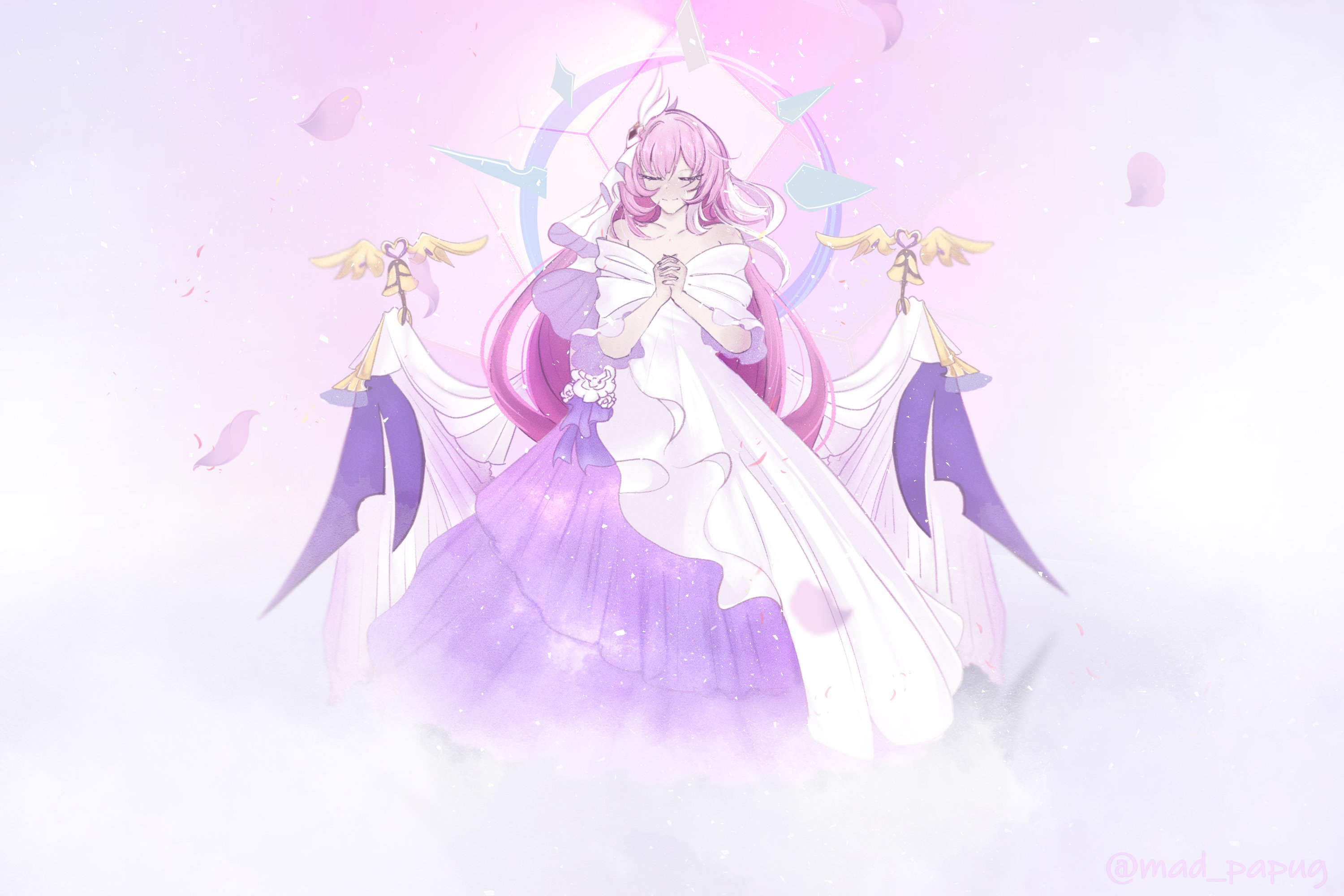 elysia (herrscher of human: ego) (honkai impact), elysia (honkai impact), honkai (series), honkai impact 3rd, commentary, english commentary, highres, 1girl, bare shoulders, bell, breasts, closed eyes, diamond-shaped pupils, diamond (shape), dress, falling petals, hair ornament, large breasts, long hair, mad papug, multicolored hair, own hands together, petals, pink hair, smile, solo, symbol-shaped pupils, two-tone hair, very long hair, white dress, white hair