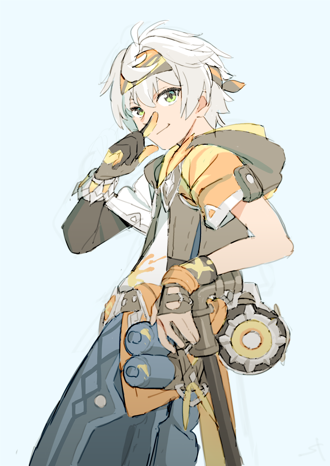 wi st i, bennett (adventures in blazing hue) (genshin impact), bennett (genshin impact), genshin impact, highres, 1boy, asymmetrical gloves, belt, blue background, blue shorts, brown gloves, finger to own nose, fingerless gloves, fleuve cendre ferryman (genshin impact), gloves, green eyes, hair between eyes, headband, hood, hood down, looking at viewer, male focus, multicolored headband, shirt, shorts, simple background, single fingerless glove, solo, white shirt